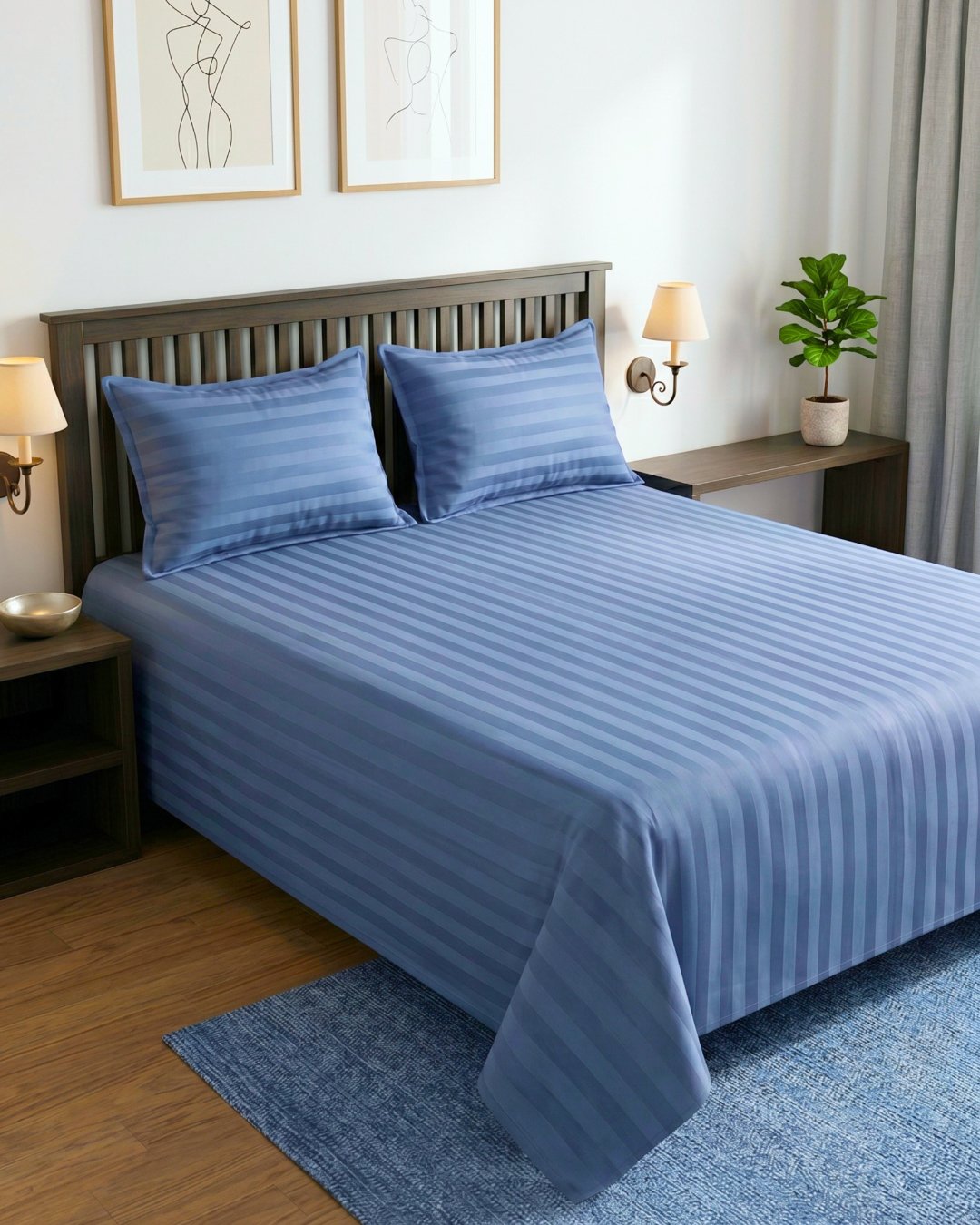 Cozy Hug Premium Satin Stripe Bed Sheet Set | Blue