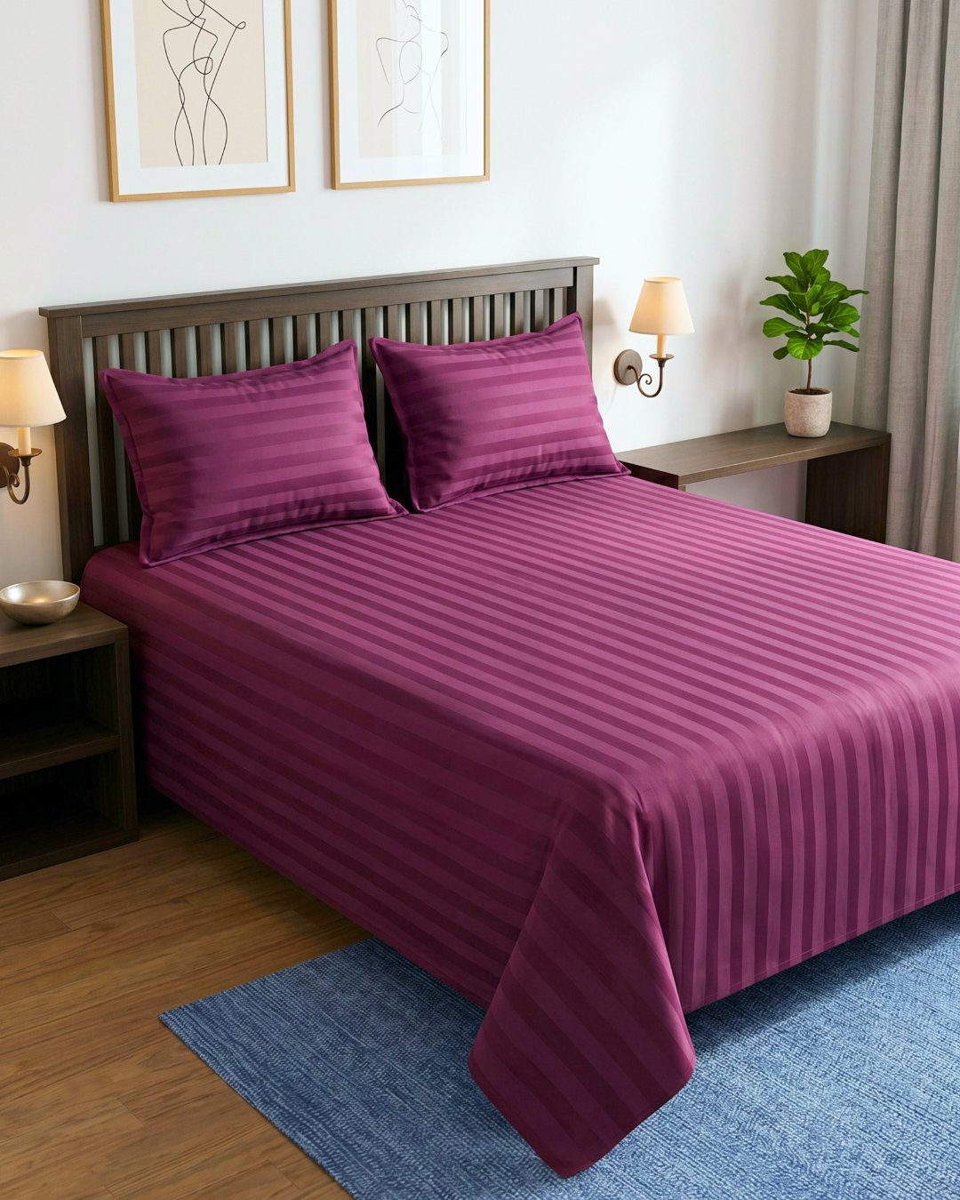 Cozy Hug Premium Satin Stripe Bed Sheet Set | Purple