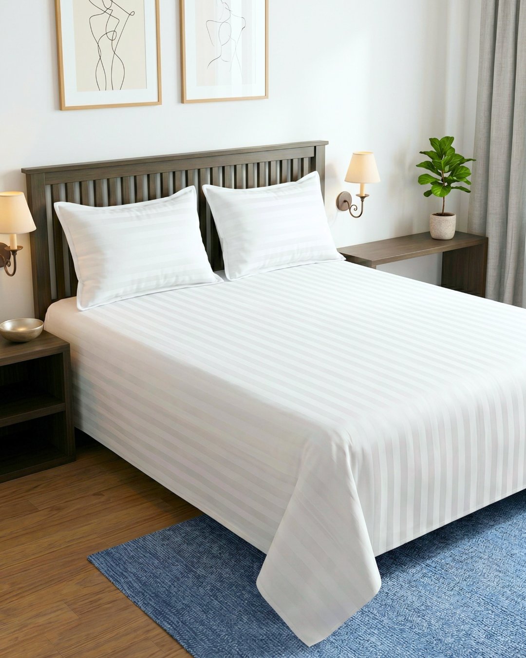 Cozy Hug Premium Satin Stripe Bed Sheet Set | White