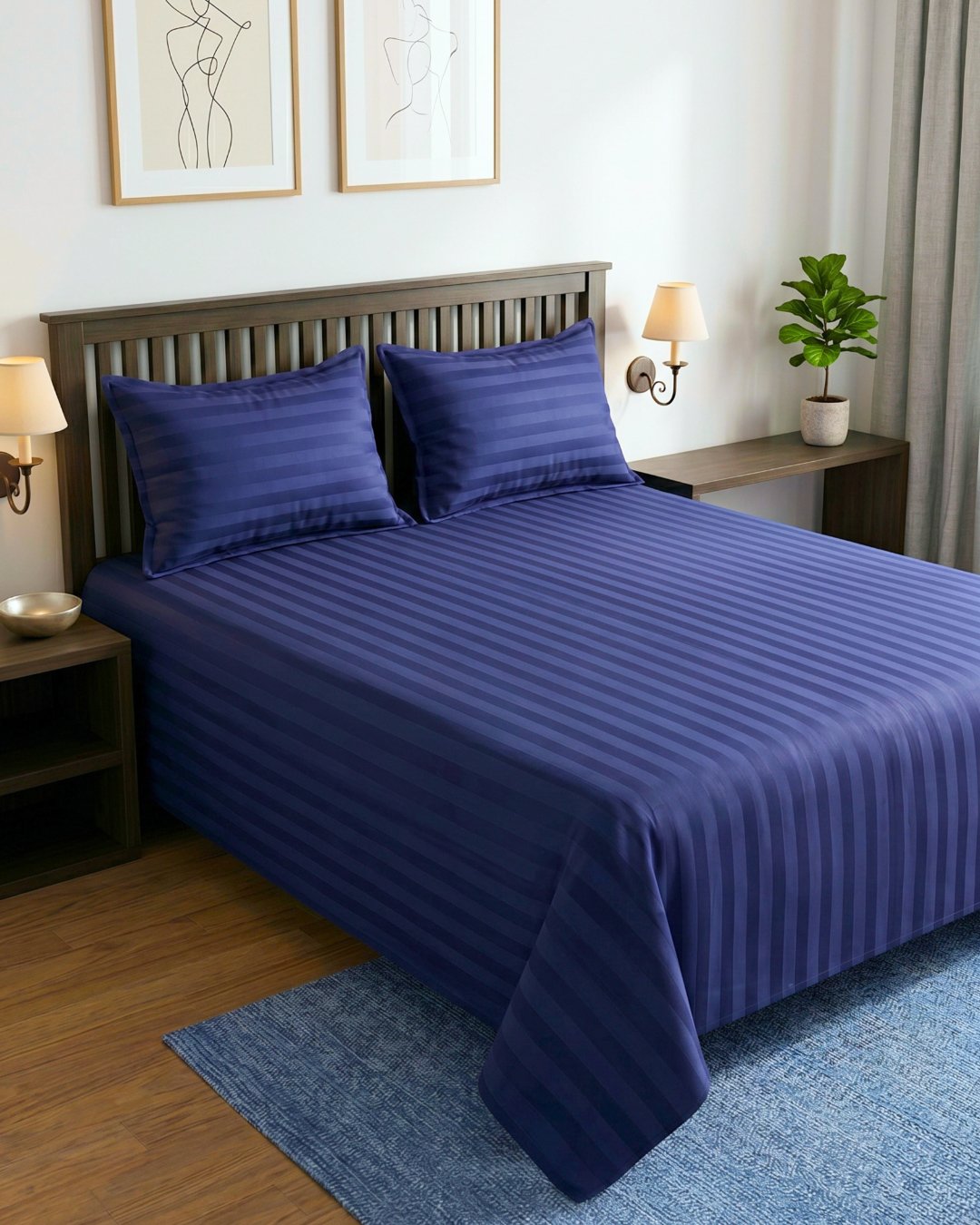 Cozy Hug Premium Satin Stripe Bed Sheet Set | Navy Blue
