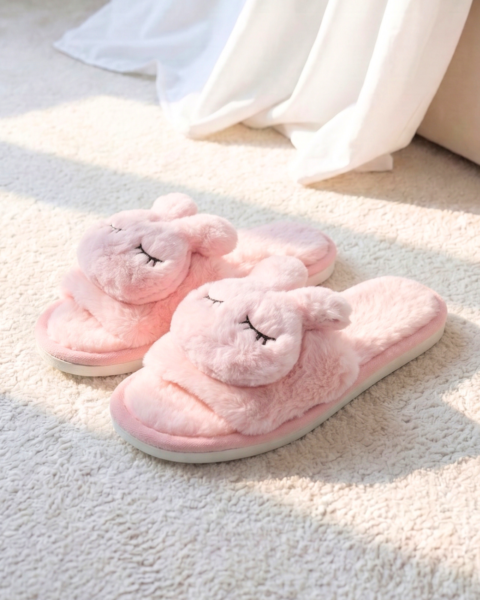 Cute Sleeping Bunny Plush Open-Toe House Slippers – Pink