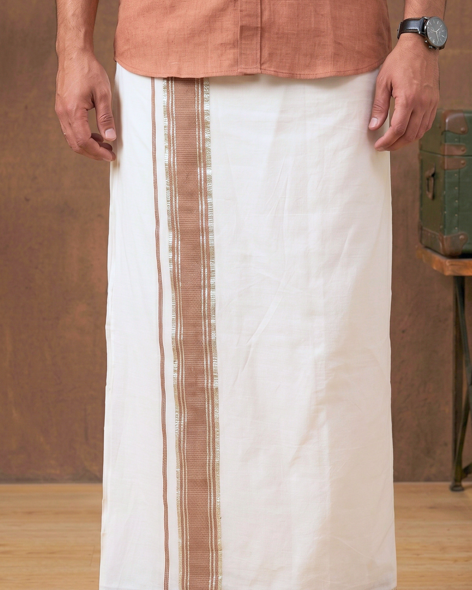 Men's Traditional Off-White Cotton Raam Rav Veshti with Copper Zari Border