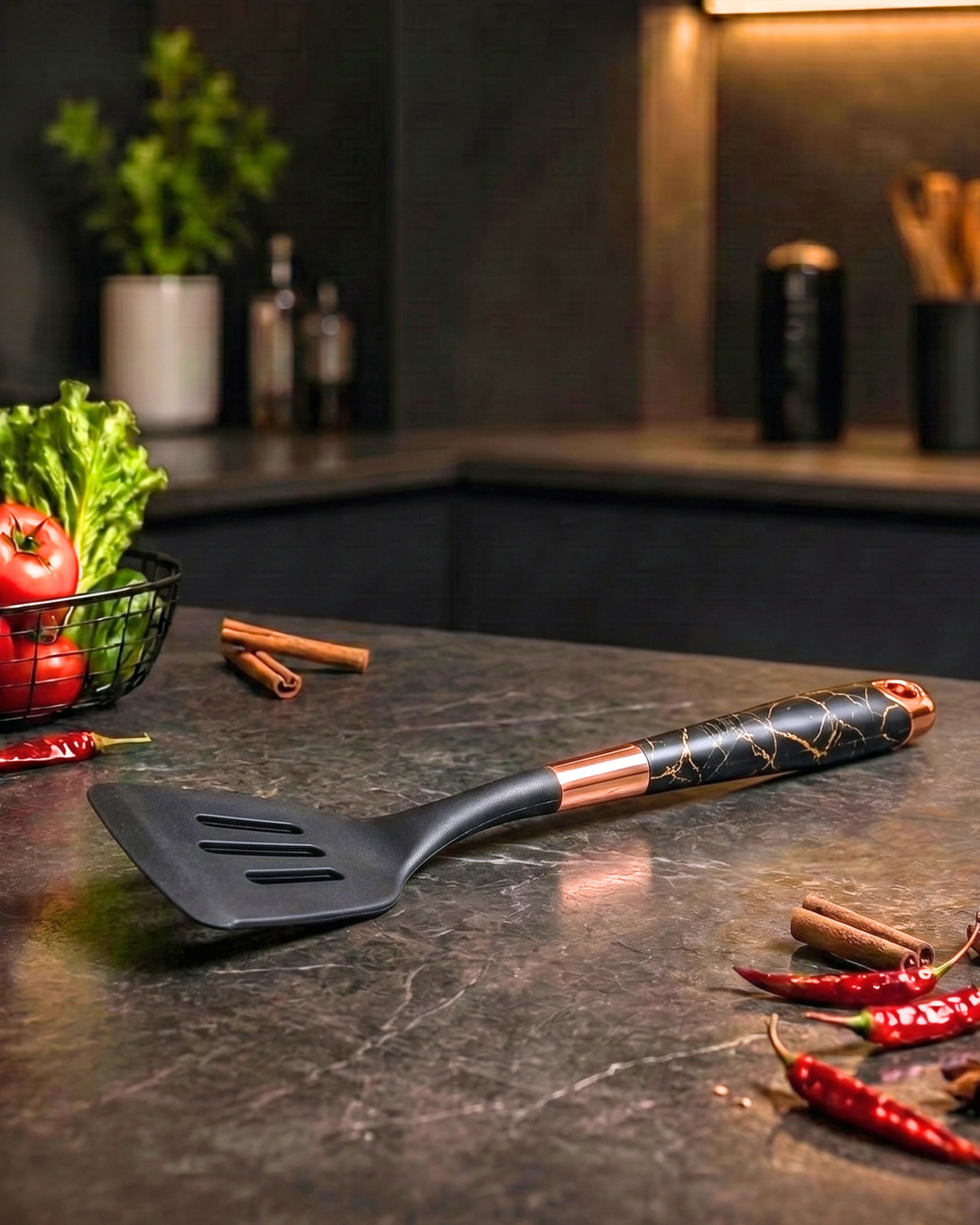 Black Slotted Spatula | Marble-Patterned Cooking with Rose Gold Accents