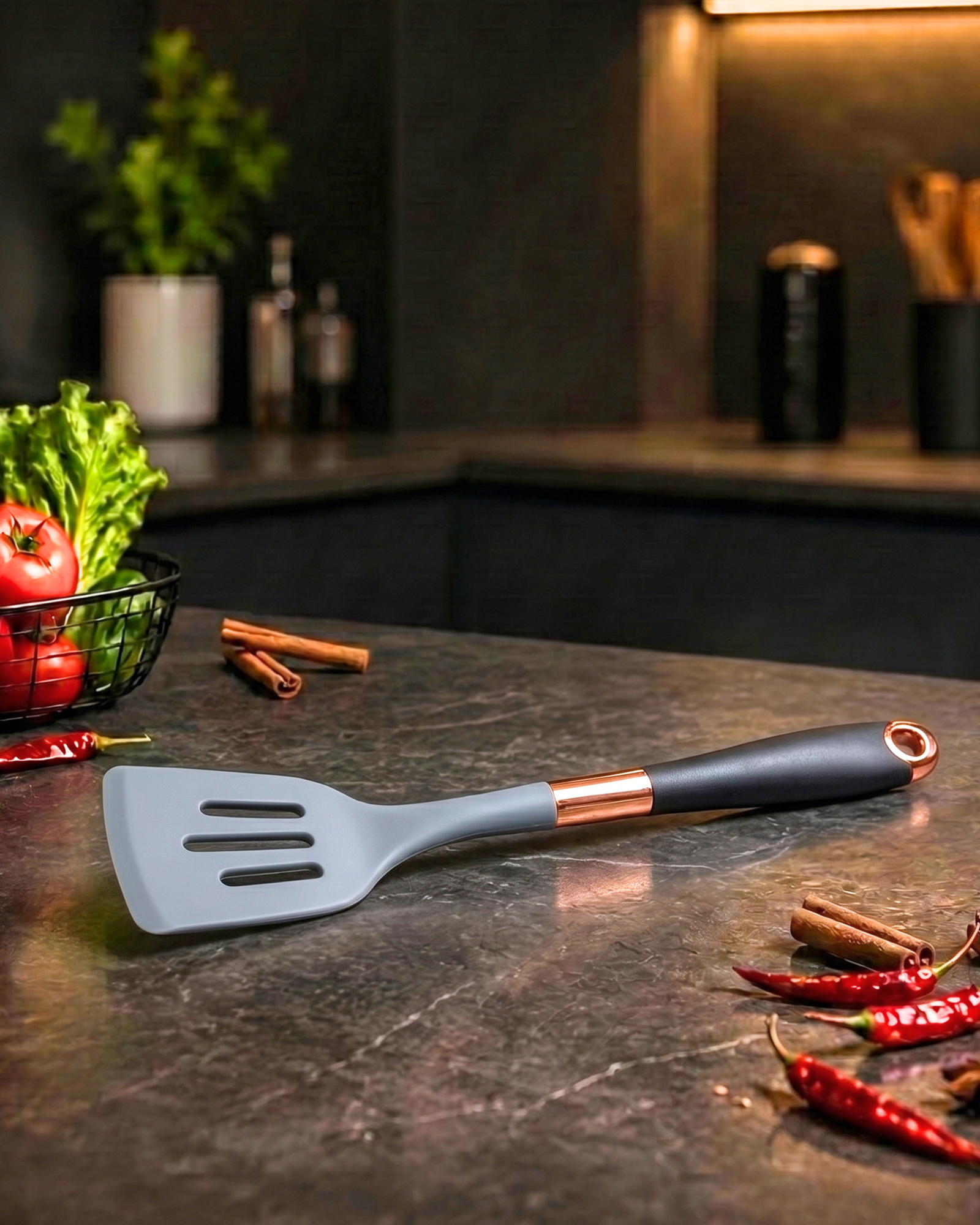 Grey Slotted Spatula with black handle