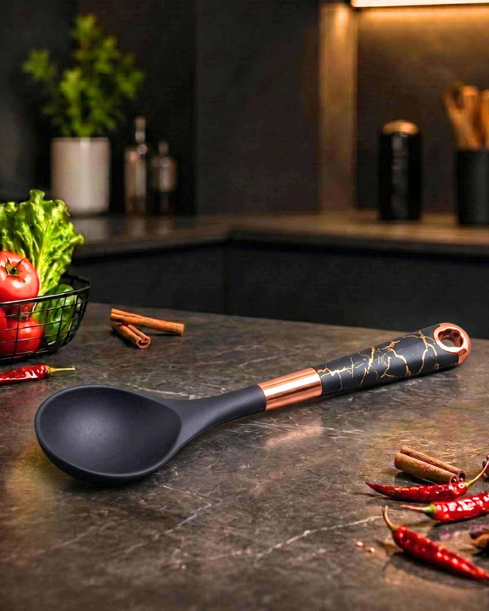 Black Serving Spoon | Marble-Patterned Cooking with Rose Gold Accents