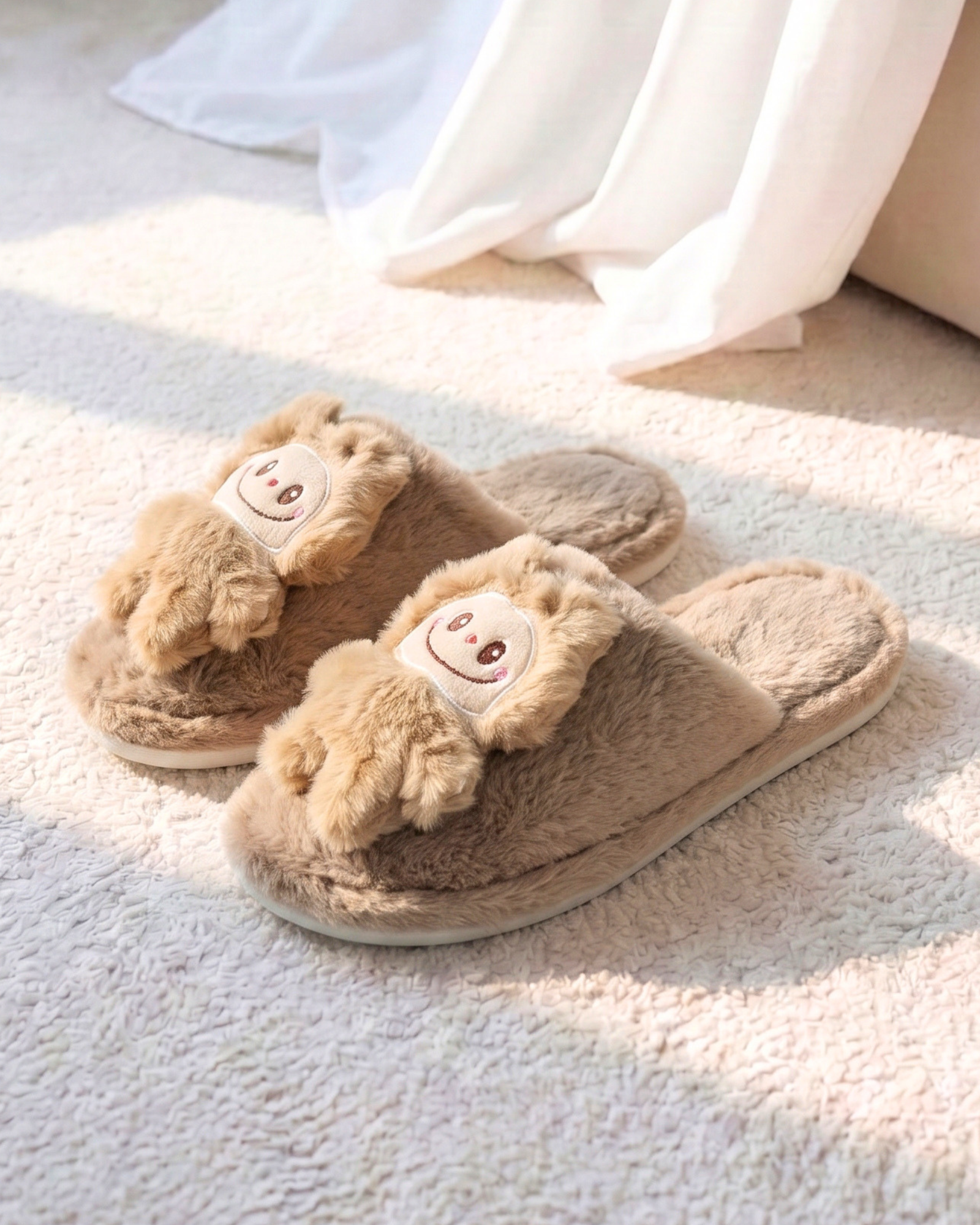 Cute Character Plush House Slippers – Teddy Brown