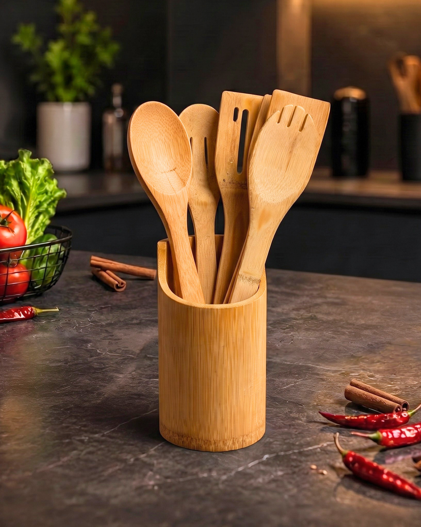 5-Piece Wooden Kitchen Utensil Set with Matching Holder