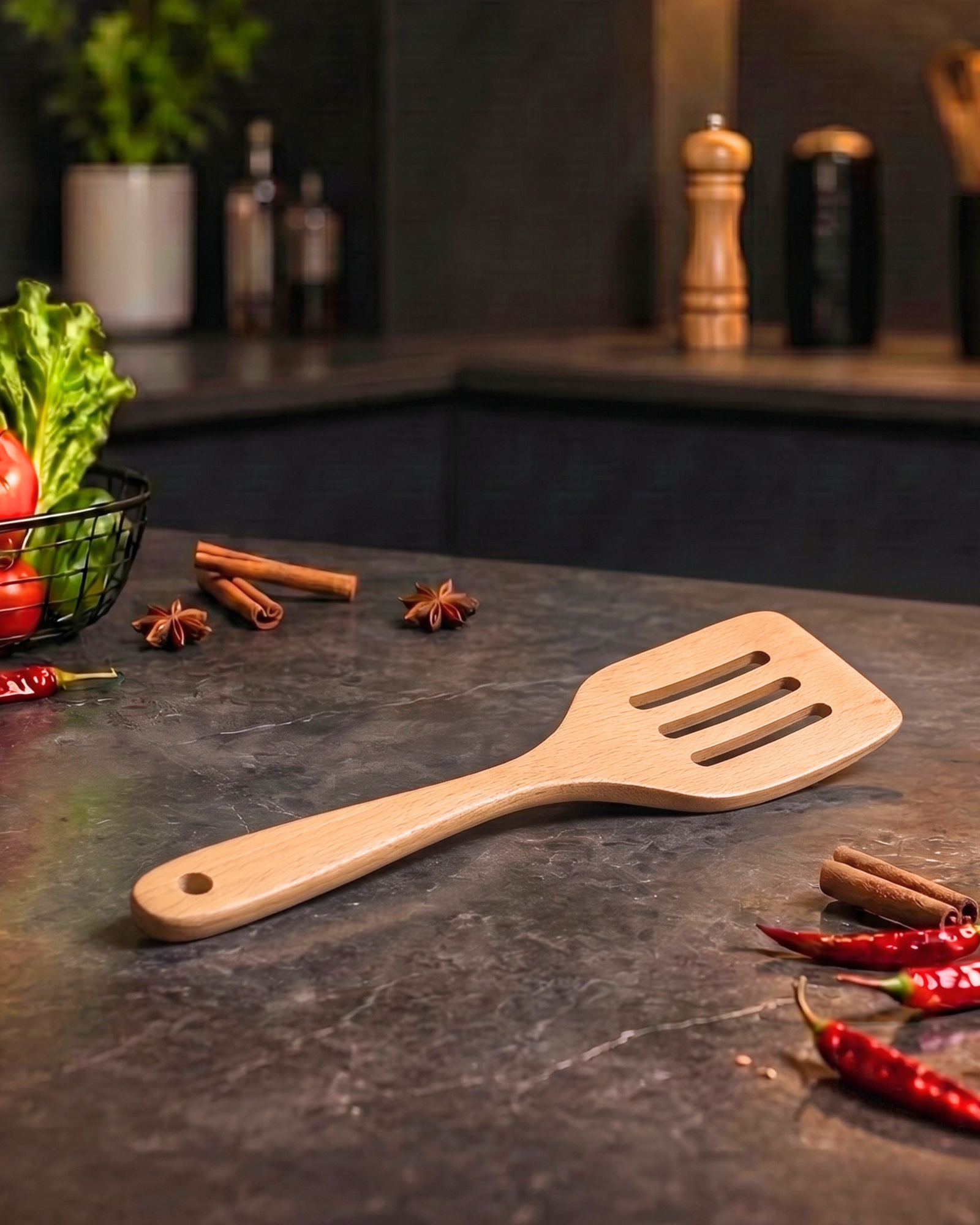 Slotted Spatula Wooden Kitchen Cooking Spoon