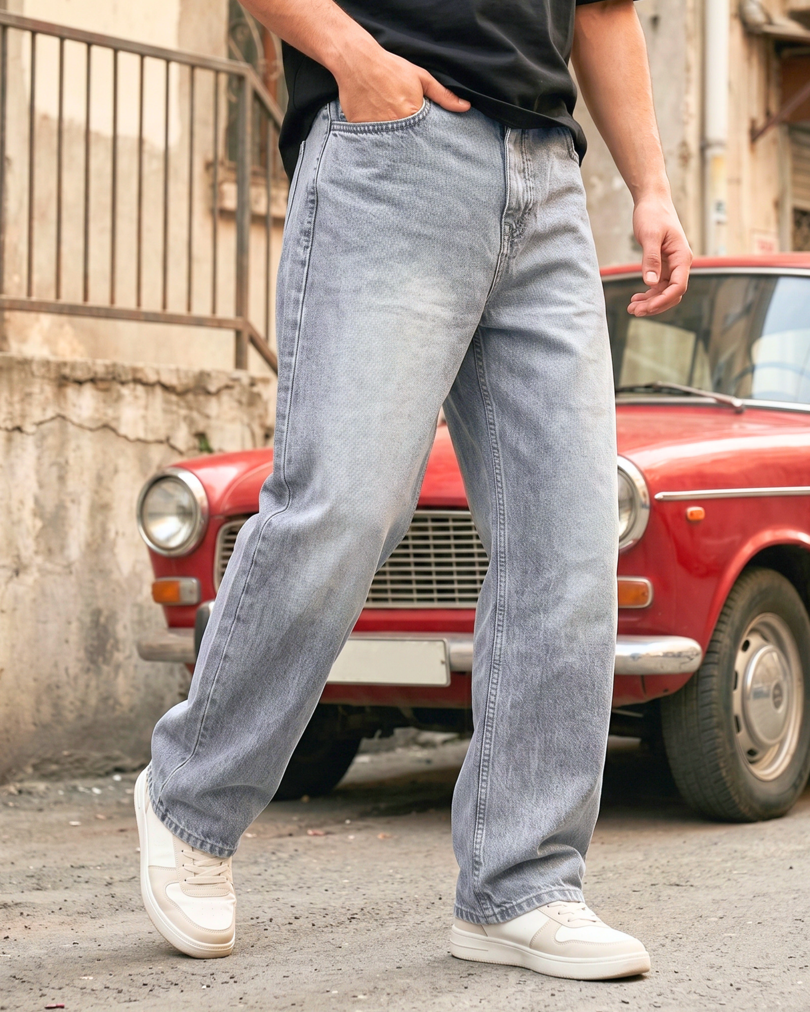 Men's Loose Fit Light Grey Washed Denim Jeans