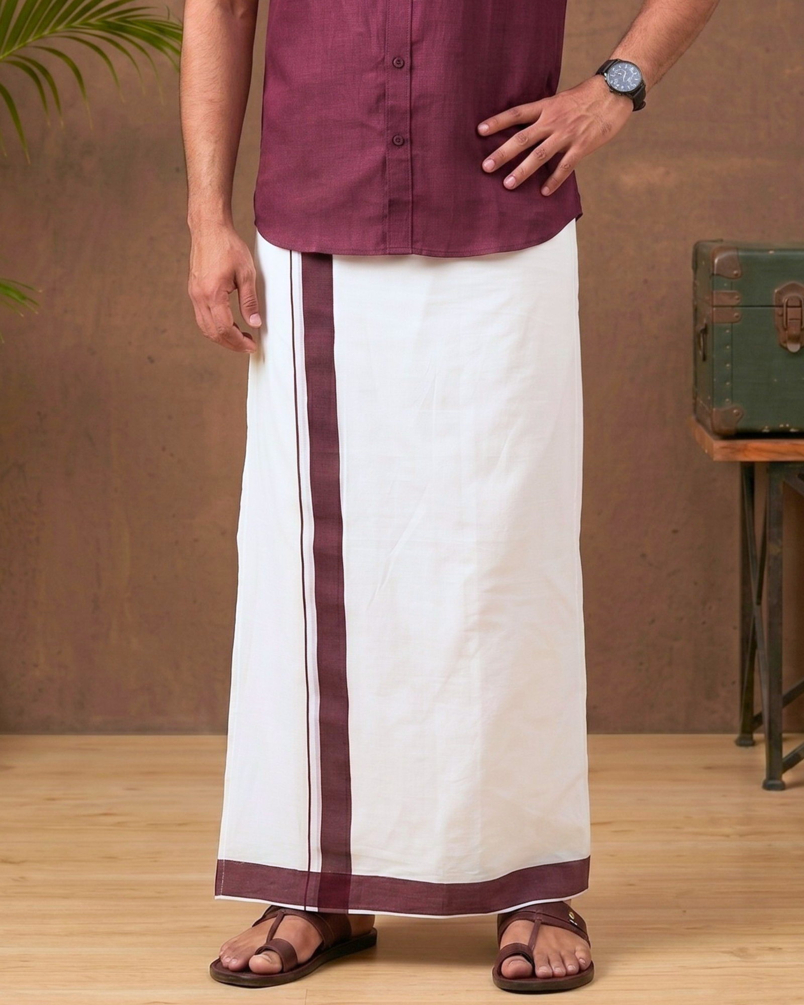Raam Rav Cotton Veshti – Off-White with Maroon Border