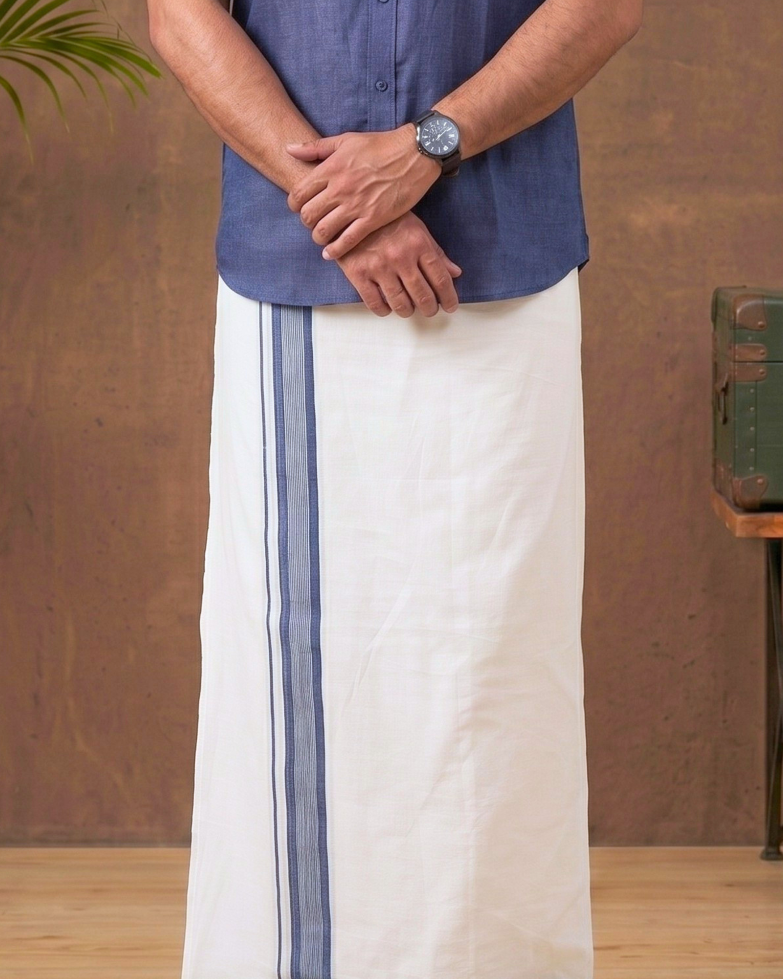 Raam Rav Cotton Veshti – Off-White with Slate Blue Border
