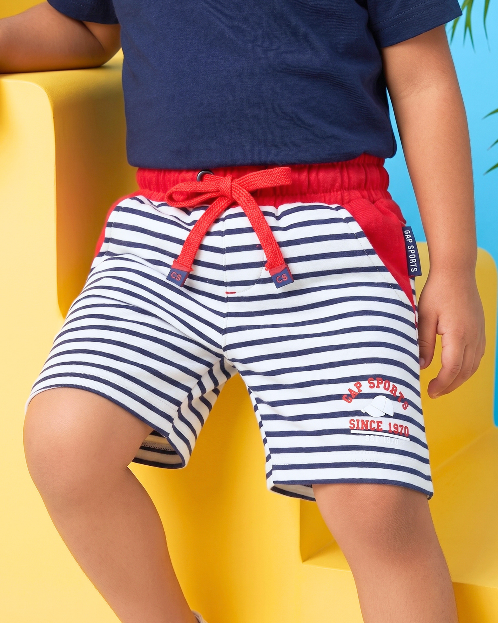 Kids Striped Cotton Shorts – Red & Navy Blue