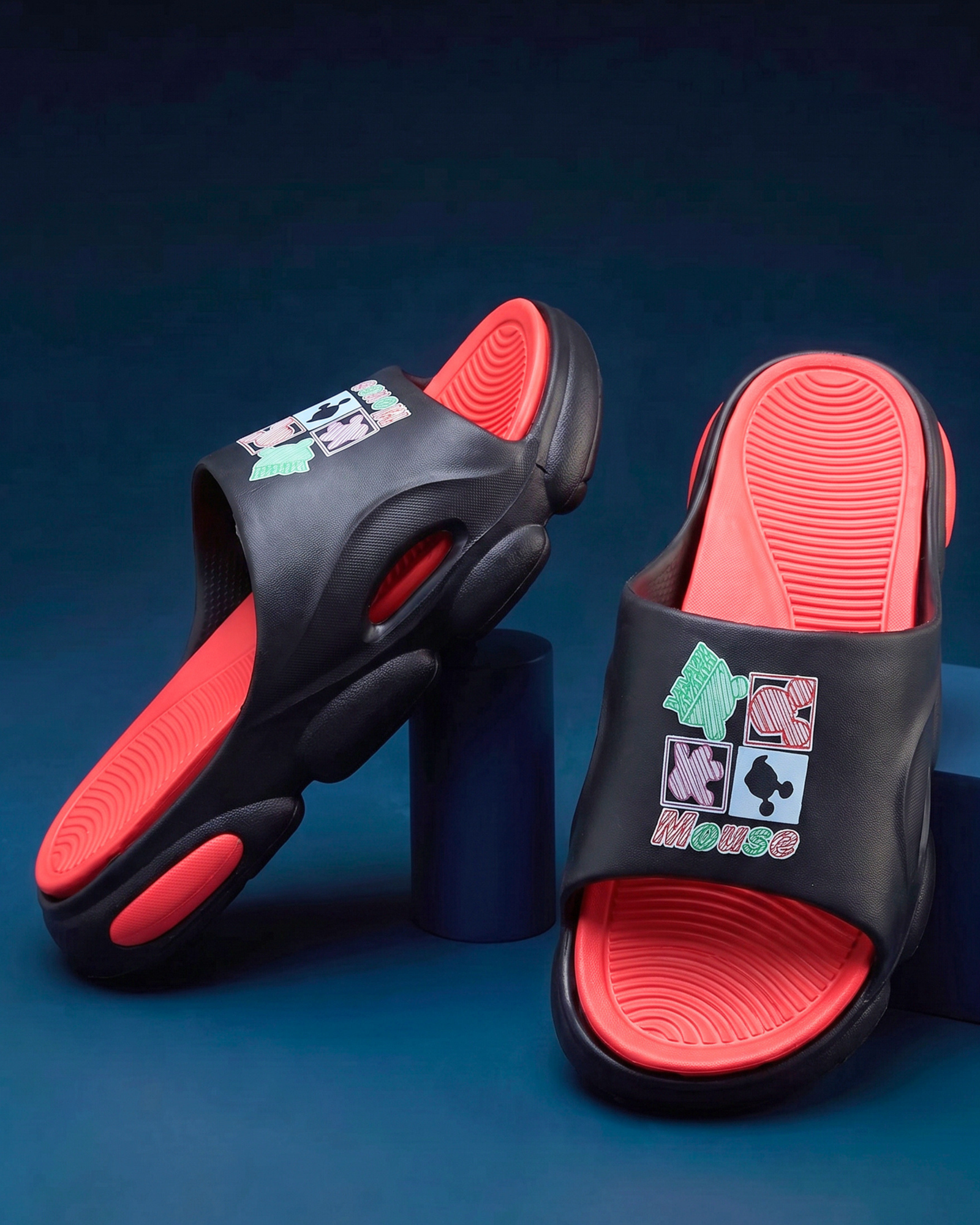 Bold Step Graphic Slide Sandals | Black & Coral Red