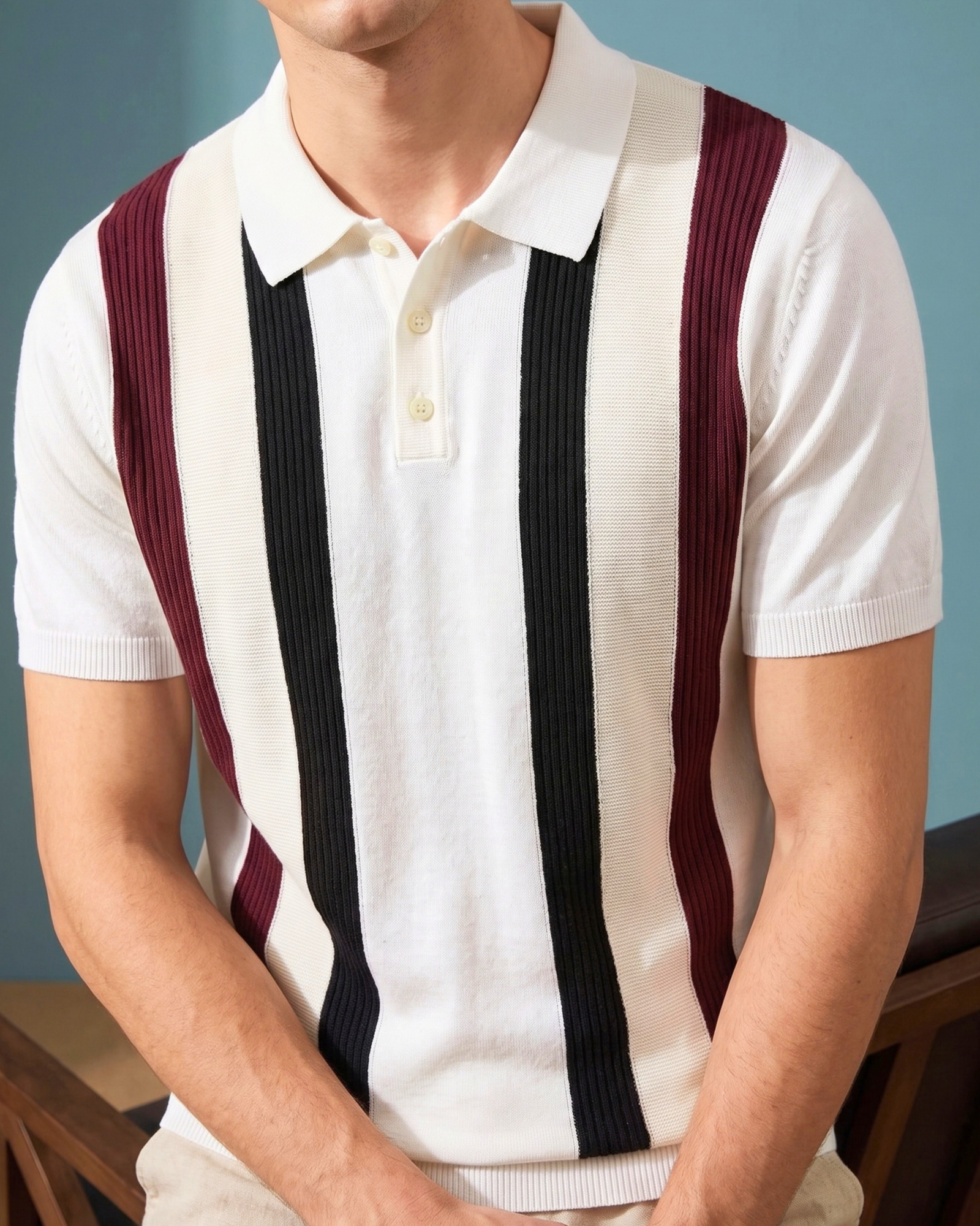 Men's Vintage Vertical Striped Knit Polo Shirt | White
