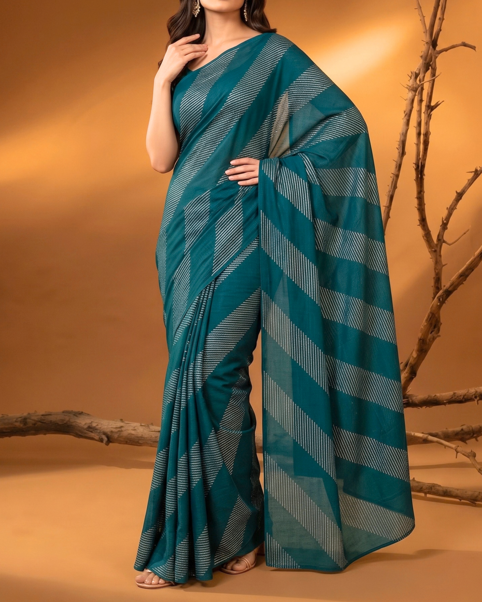 Women's Metallic Diagonal Striped Cotton Saree