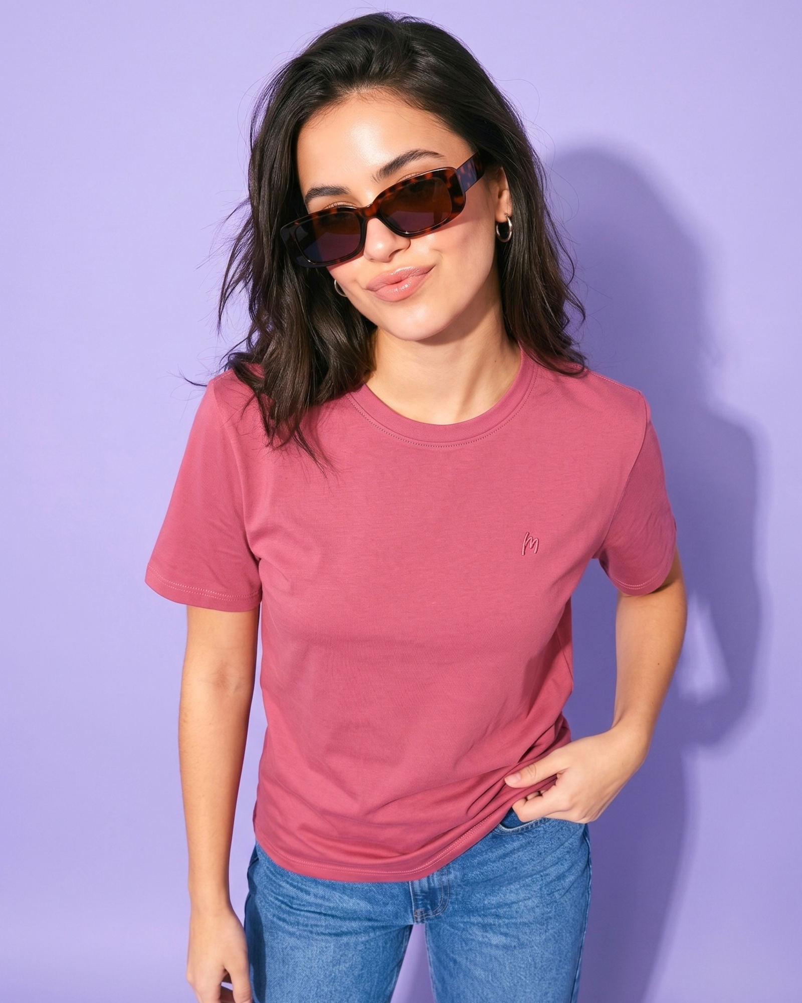 All New MELOOSA Women's Minimalist Embroidered Crew Neck Cotton T-Shirt | Mauve