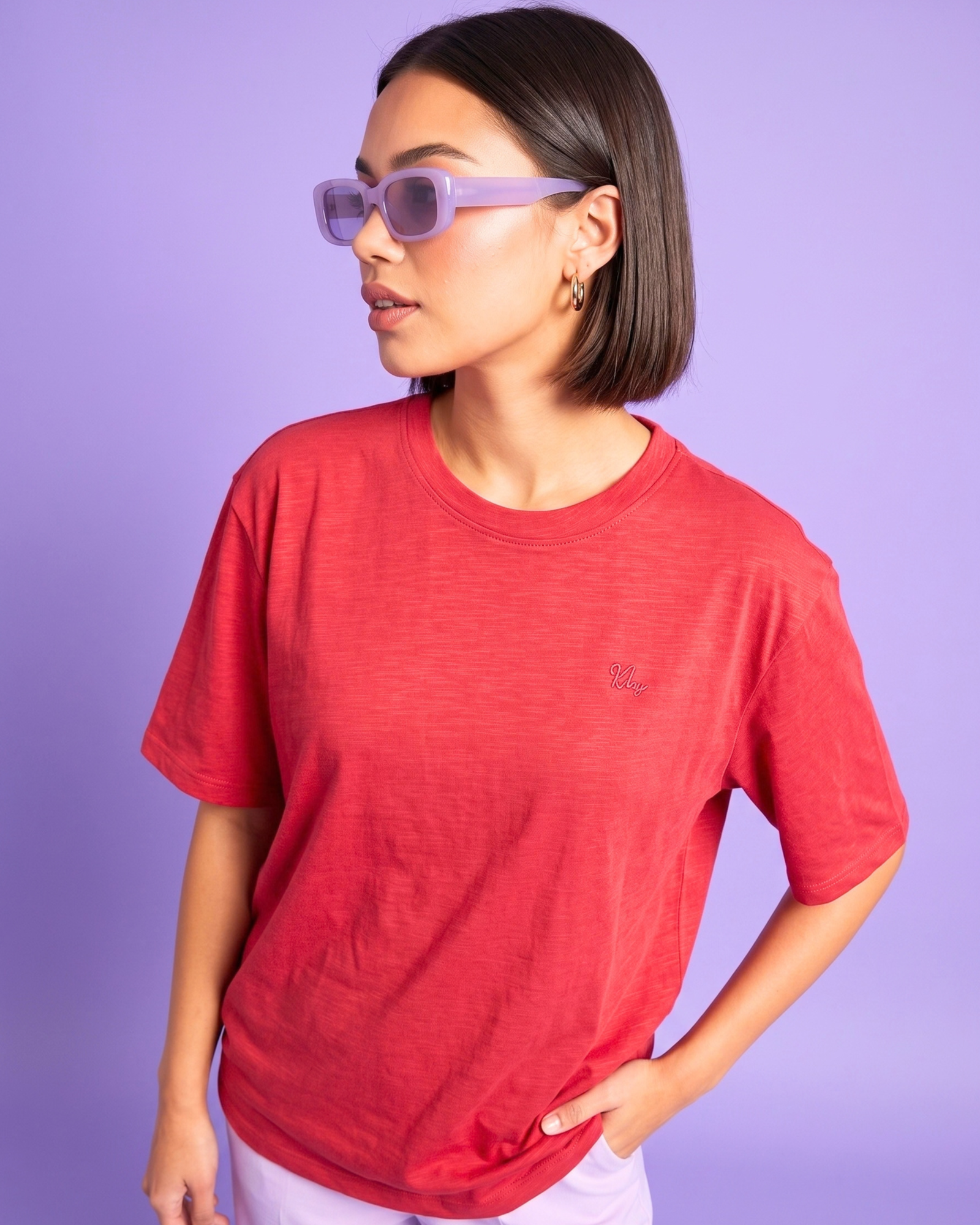 All New KLYMORA Women's Everyday Embroidered Slub Cotton T-Shirt | Coral Red