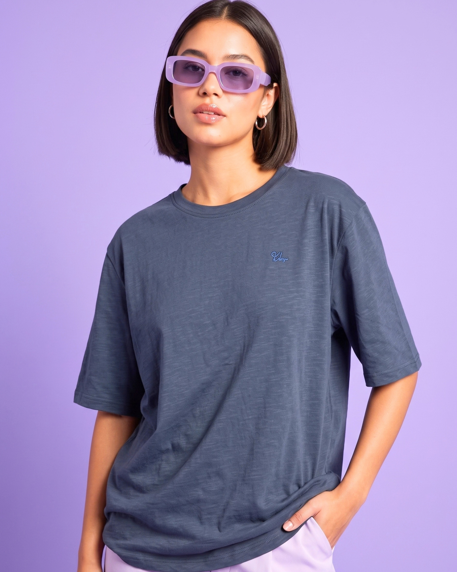 All New KLYMORA Women's Everyday Embroidered Slub Cotton T-Shirt | Slate Blue