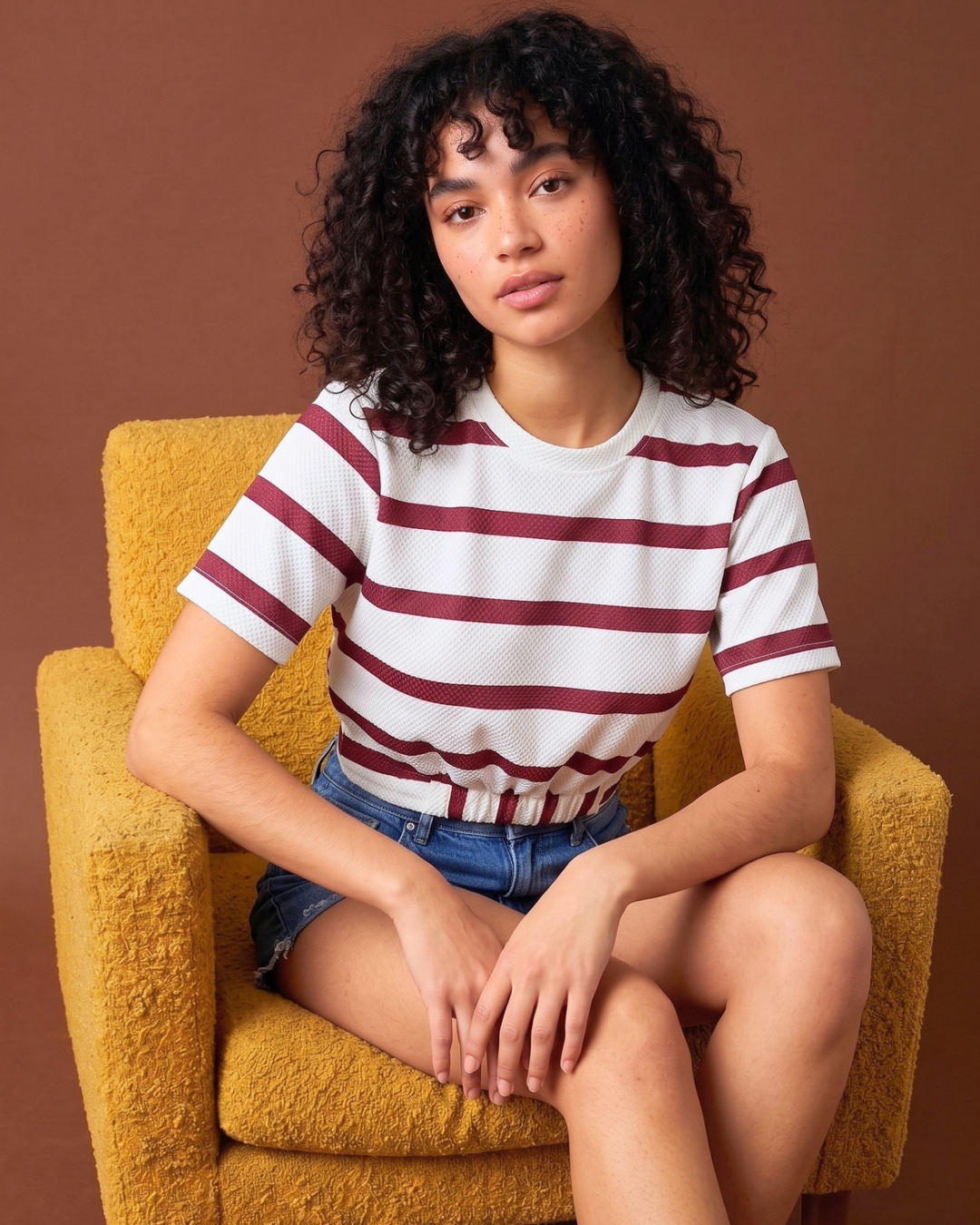 Elastic Hem Textured Short Sleeve Crop Top T-Shirt
