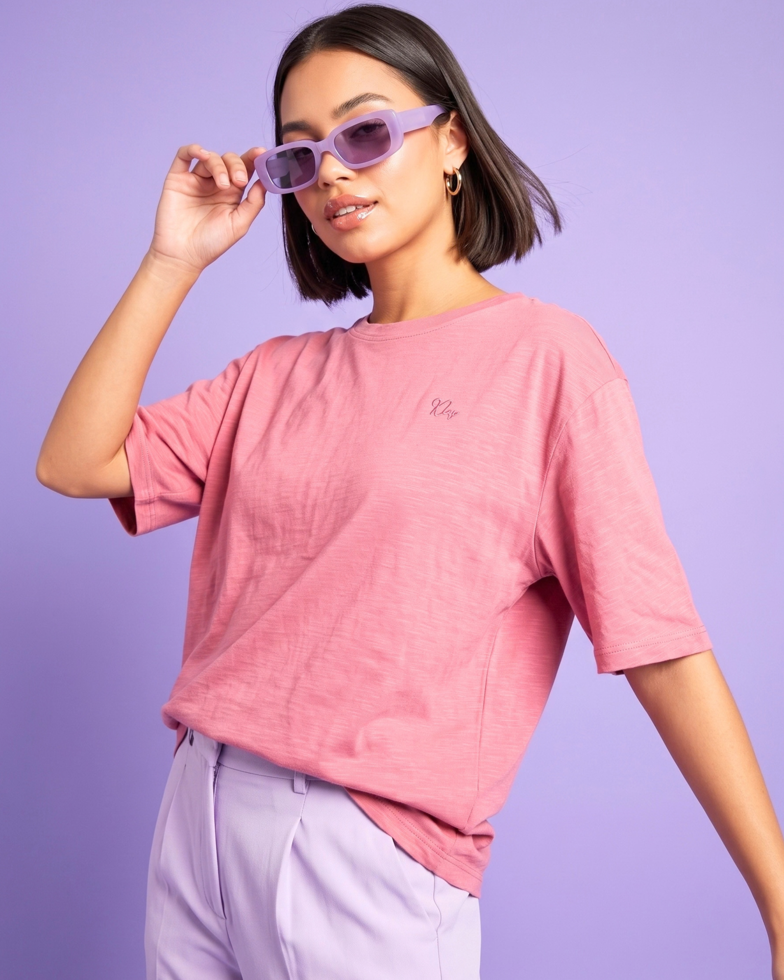All New KLYMORA Women's Everyday Embroidered Slub Cotton T-Shirt | Pink
