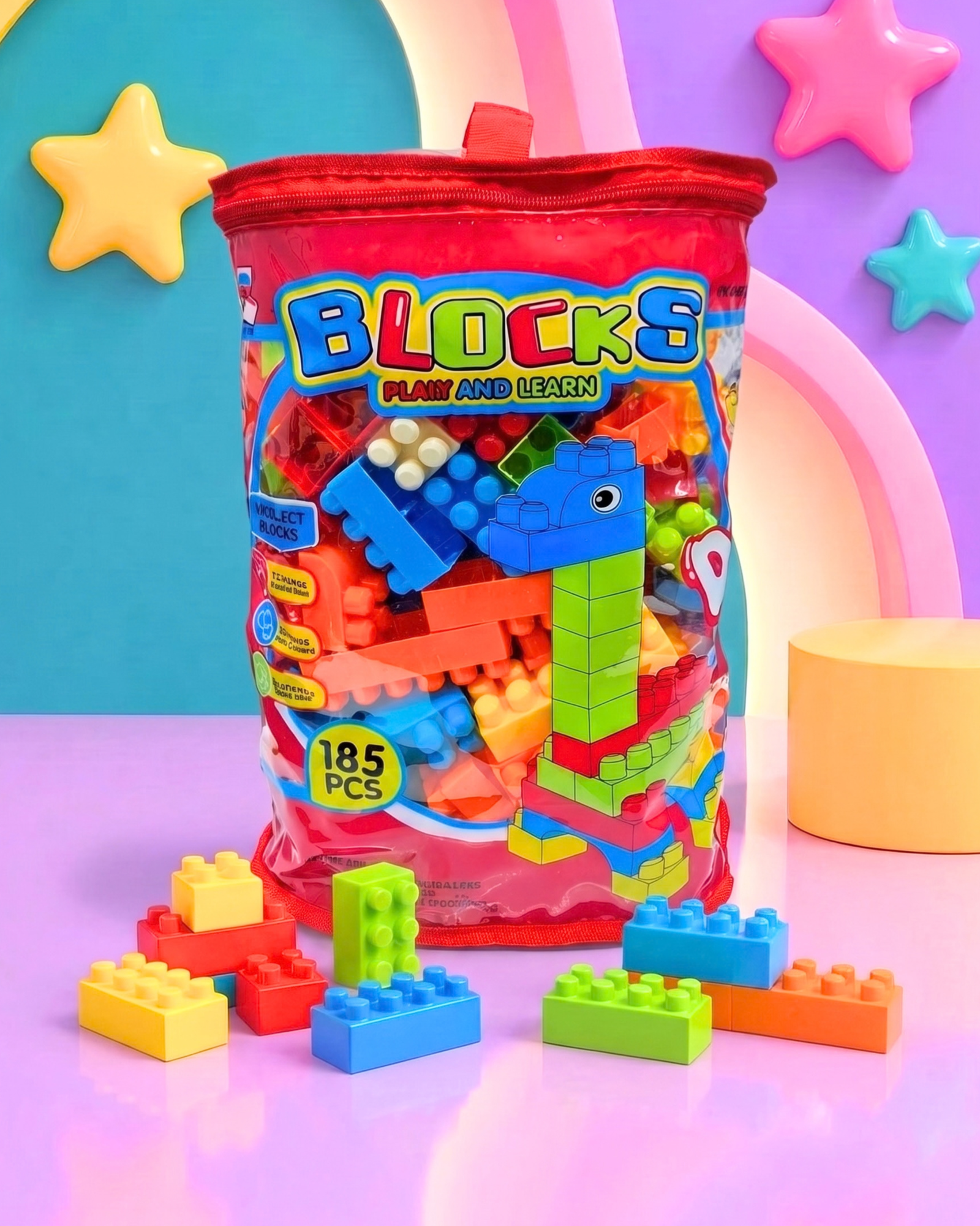 Kids' 185-Piece Play & Learn Building Blocks Set in Zippered Storage Bag