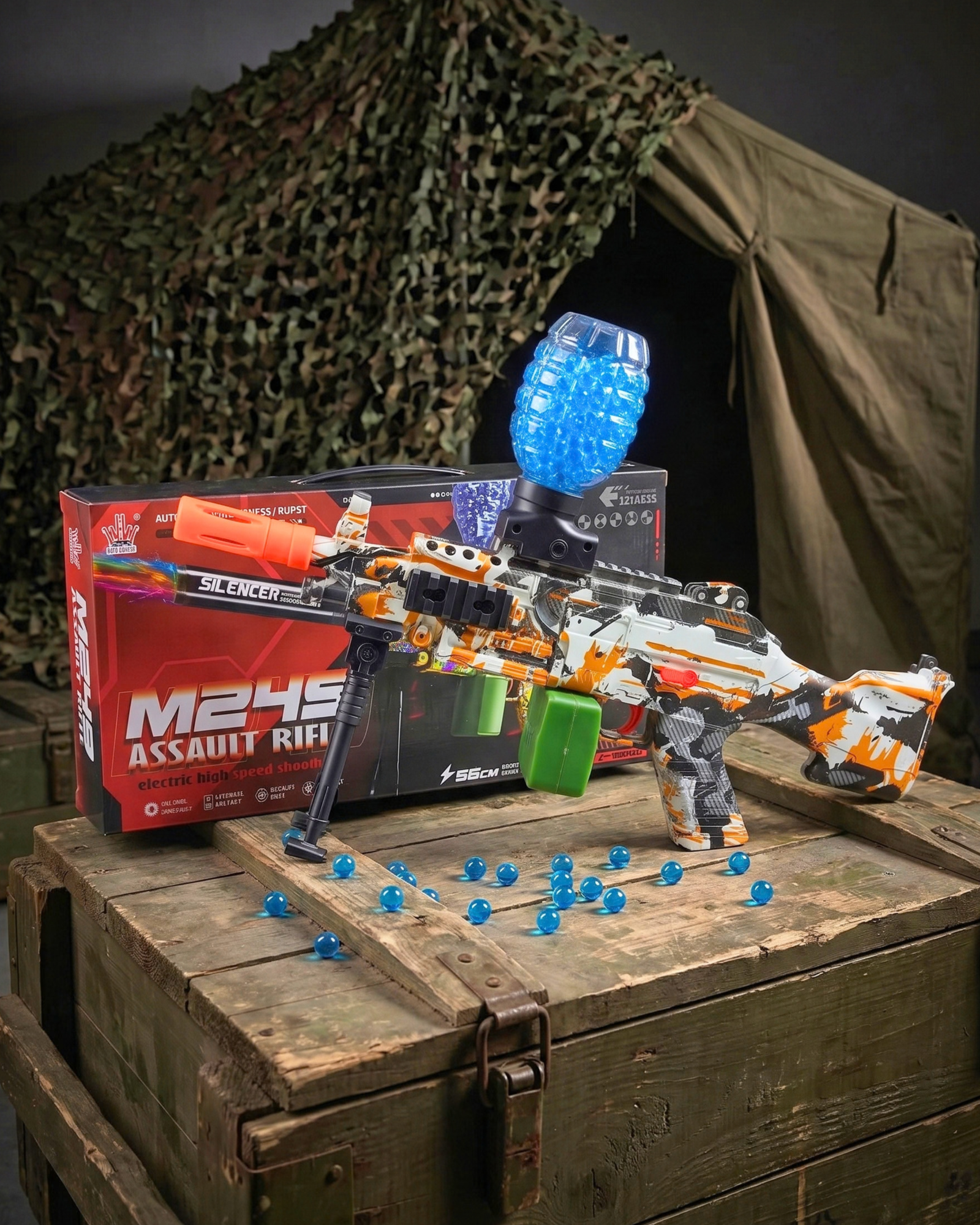 M249 Assault Rifle Electric Gel Blaster Toy Gun – Orange Camo Edition