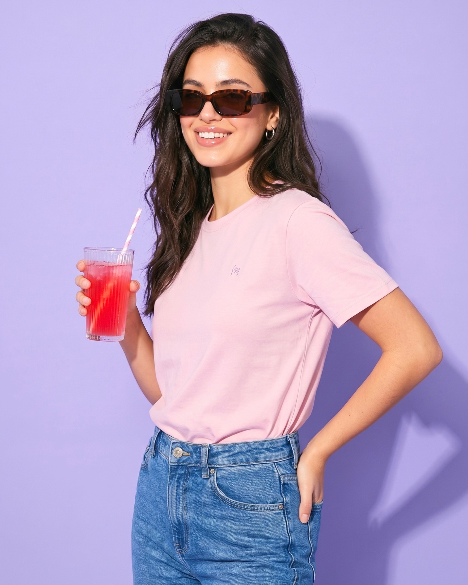 All New MELOOSA Women's Minimalist Embroidered Crew Neck Cotton T-Shirt | Baby Pink