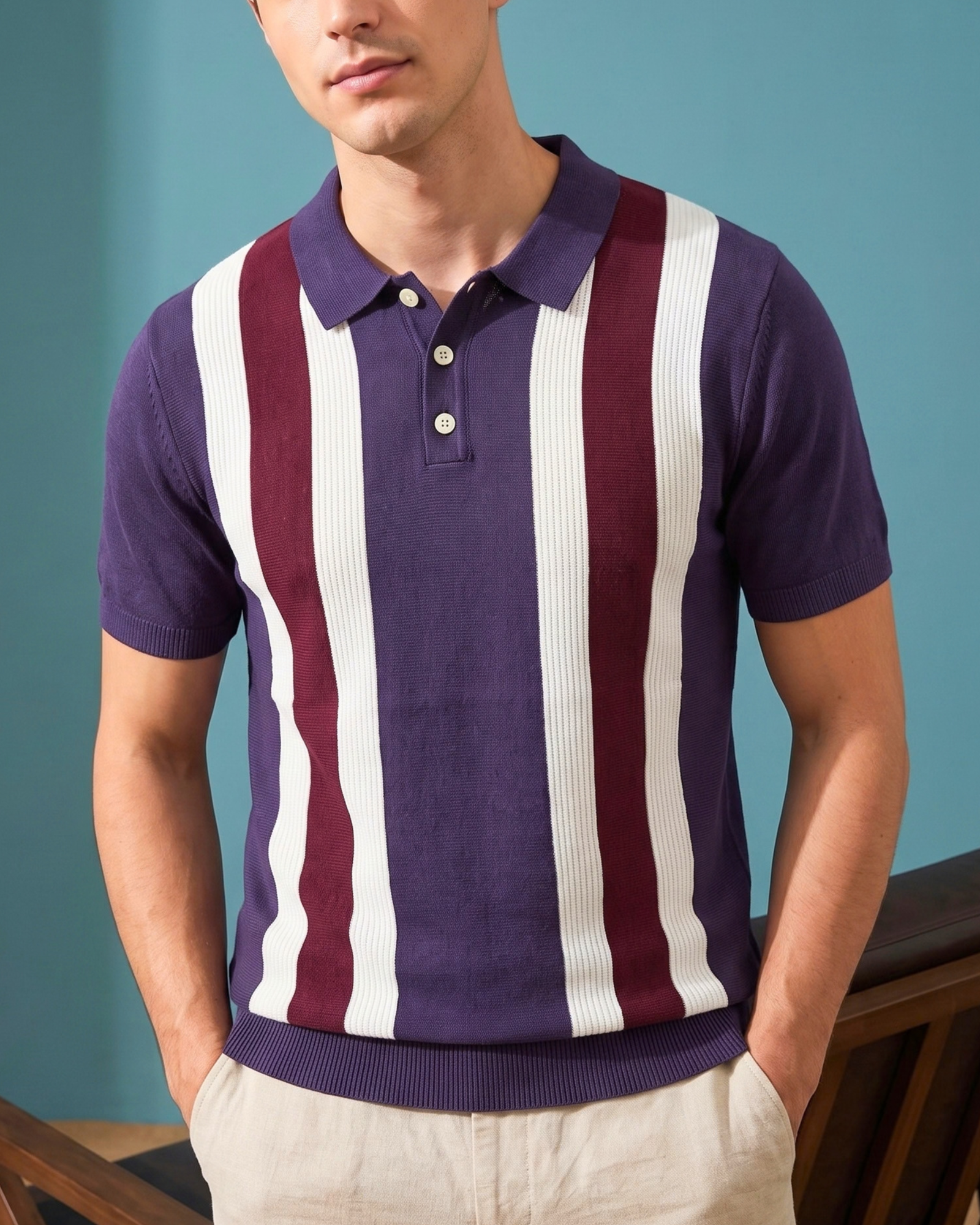 Men's Vintage Vertical Striped Knit Polo Shirt | Purple