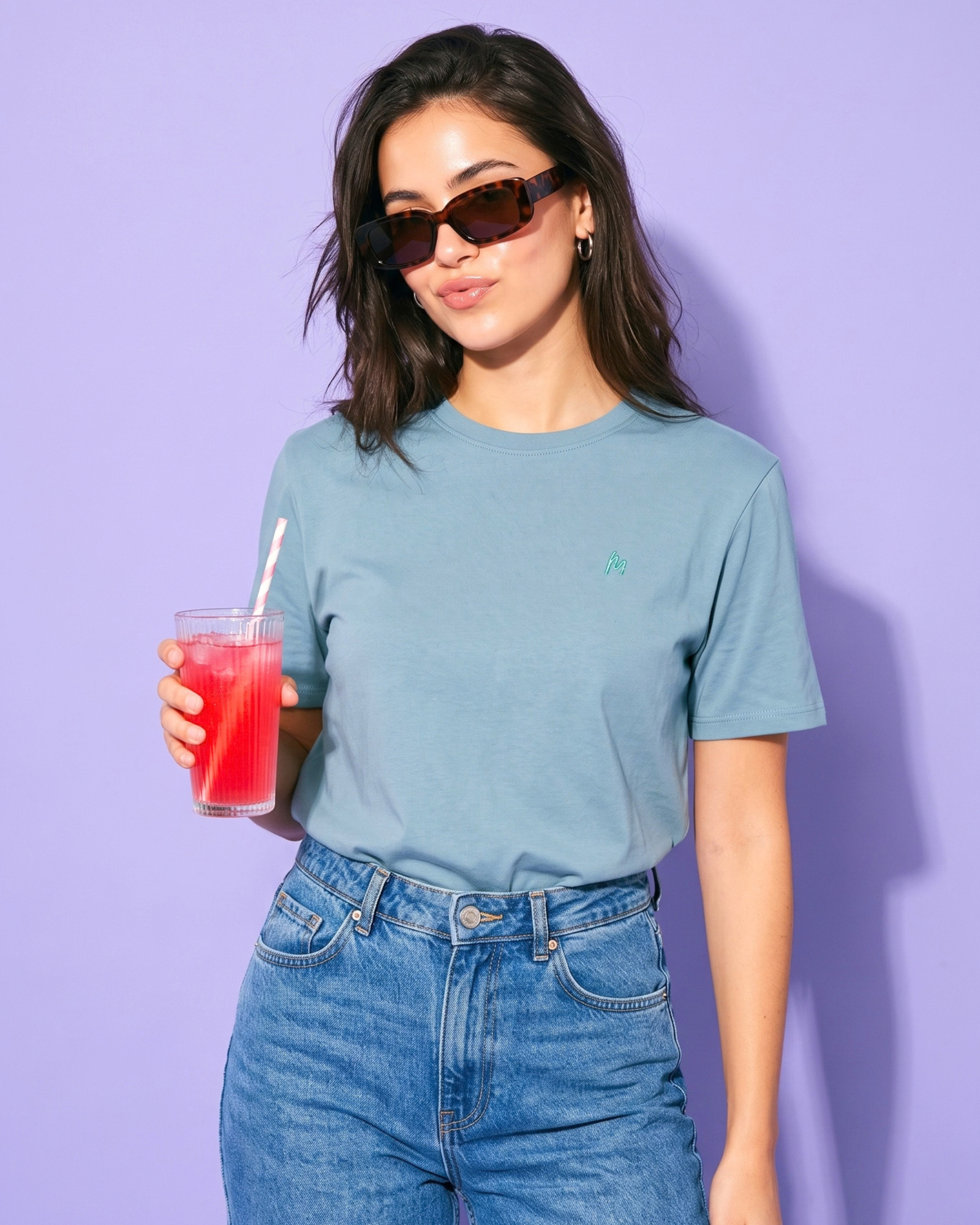 All New MELOOSA Women's Minimalist Embroidered Crew Neck Cotton T-Shirt | Teal