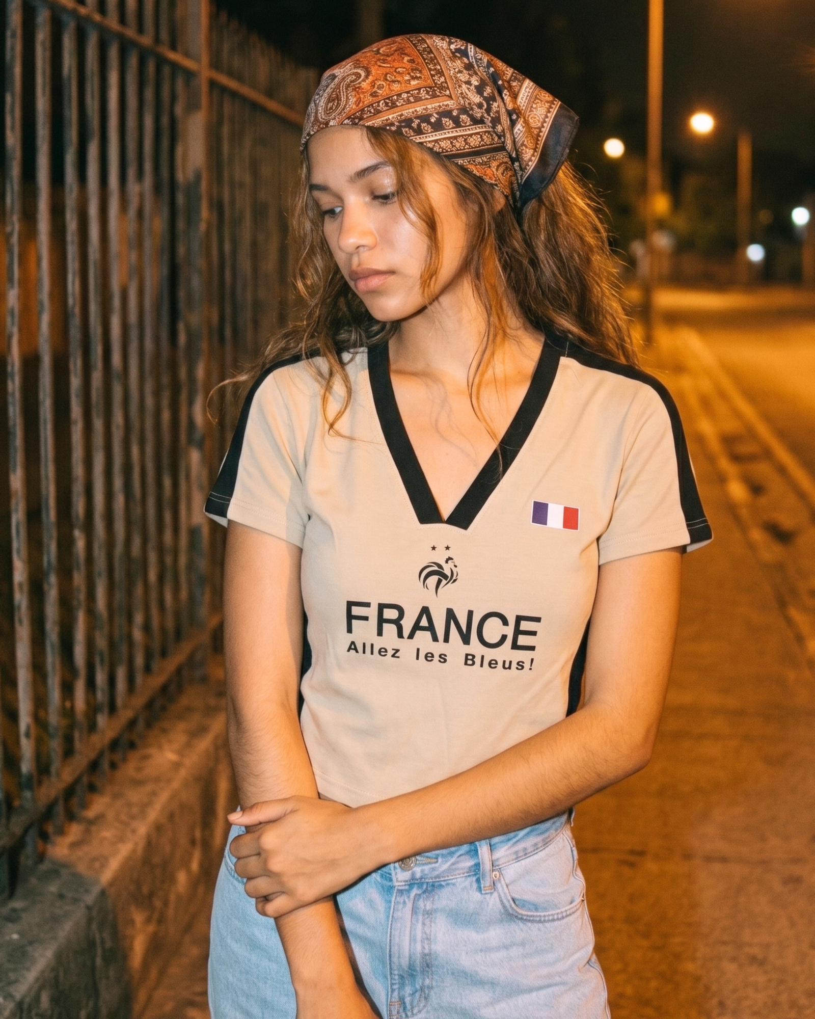 V-Neck Football Graphic Crop Top T-Shirt | France