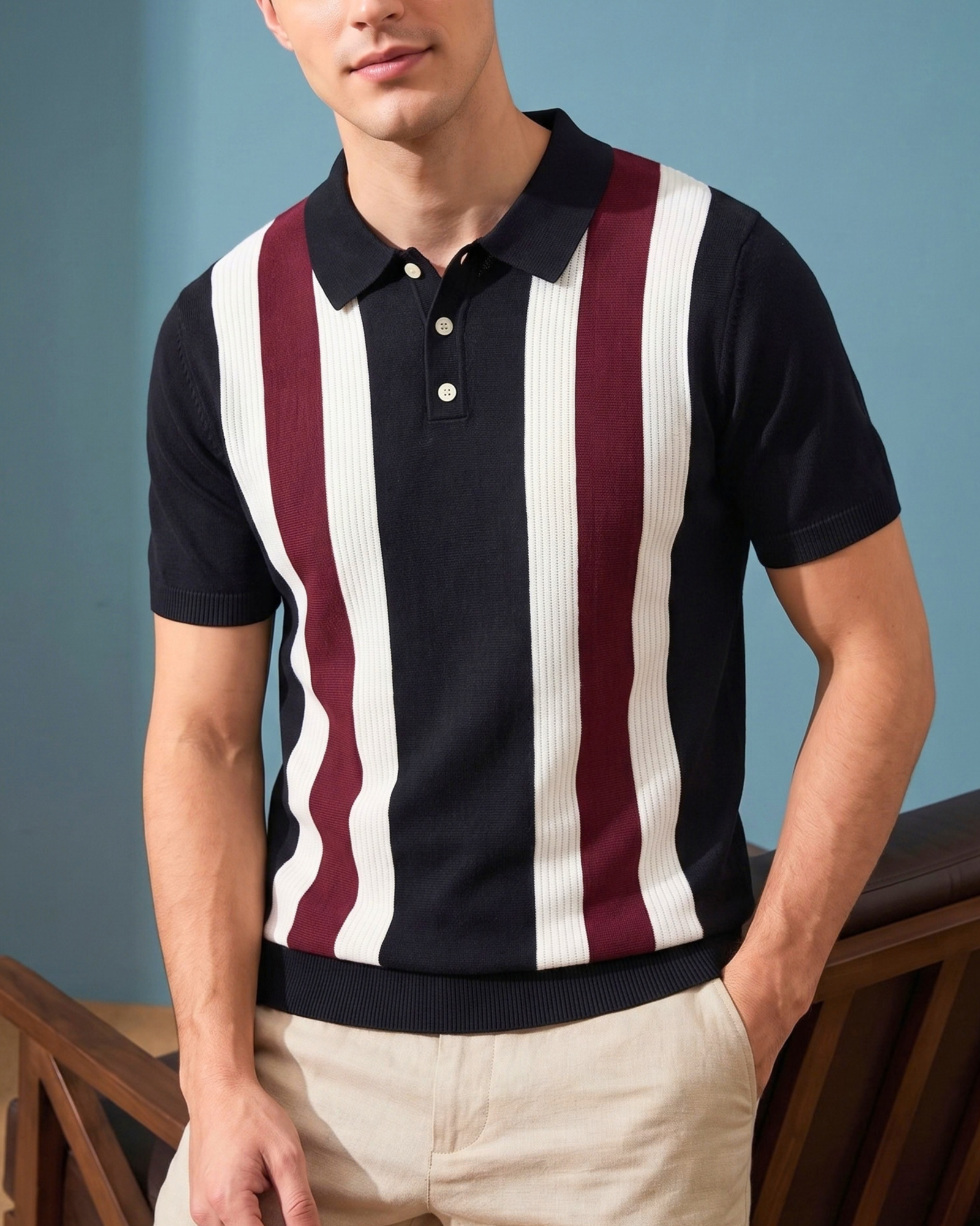 Men's Vintage Vertical Striped Knit Polo Shirt | Black