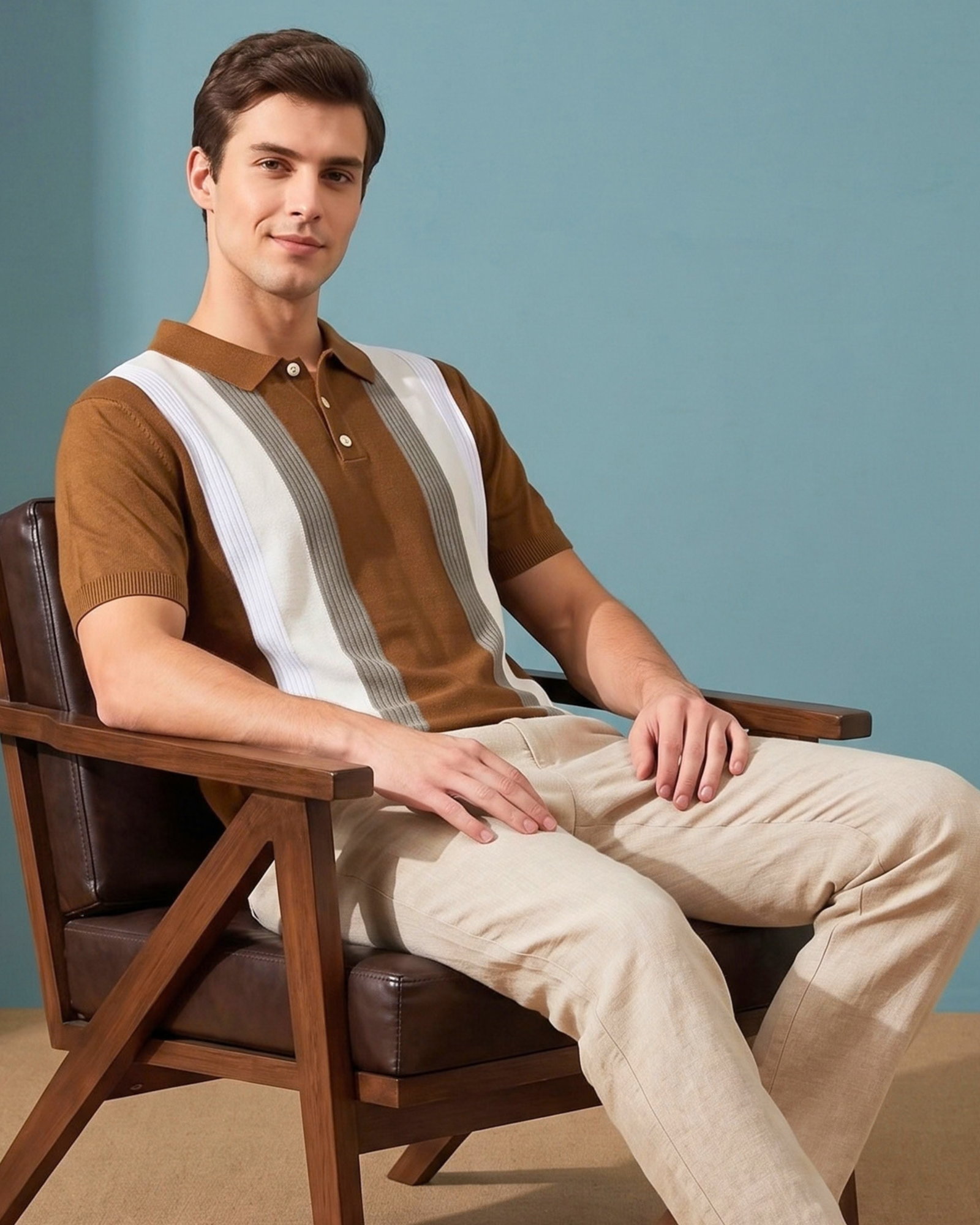 Men's Vintage Vertical Striped Knit Polo Shirt