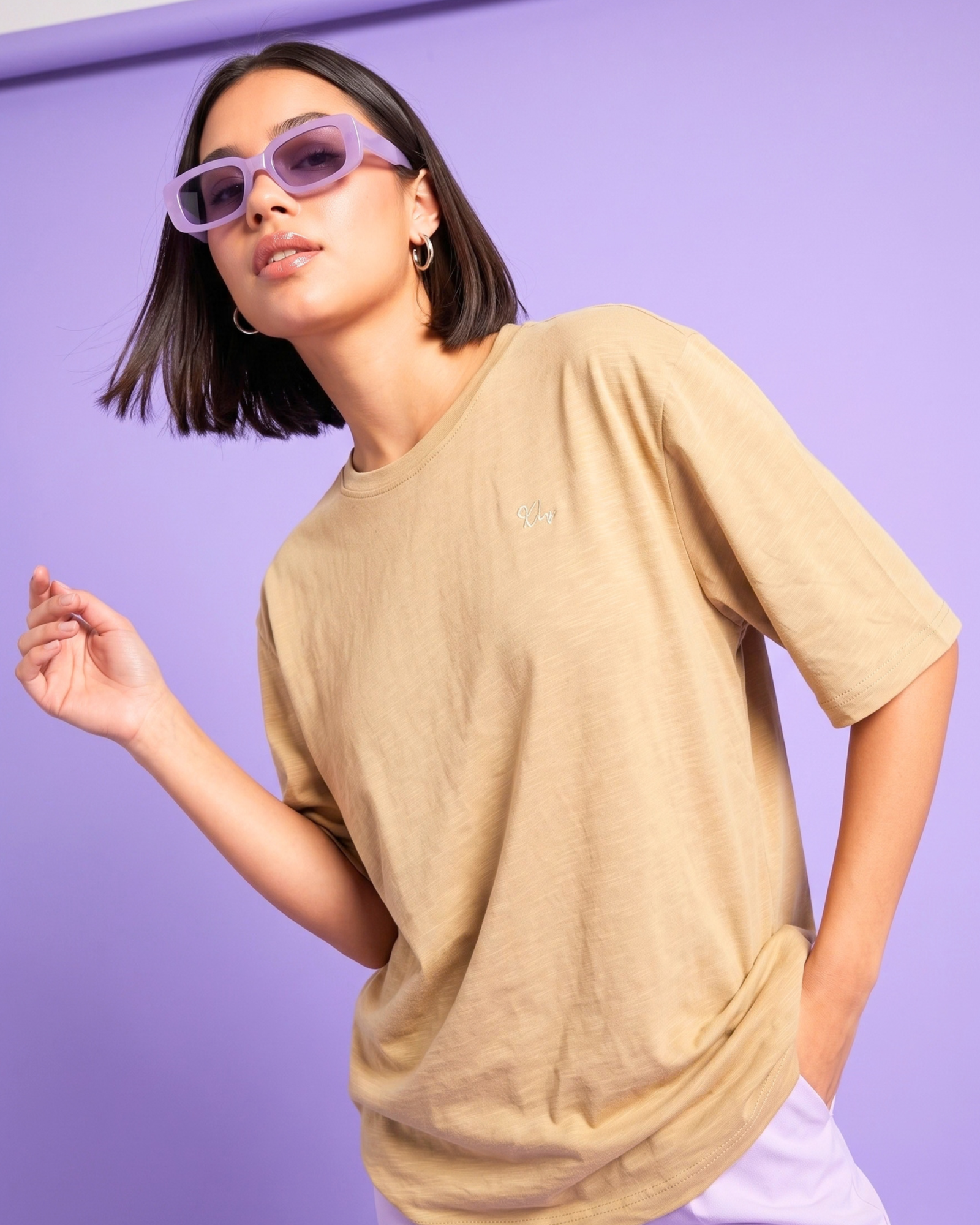 All New KLYMORA Women's Everyday Embroidered Slub Cotton T-Shirt | Khaki
