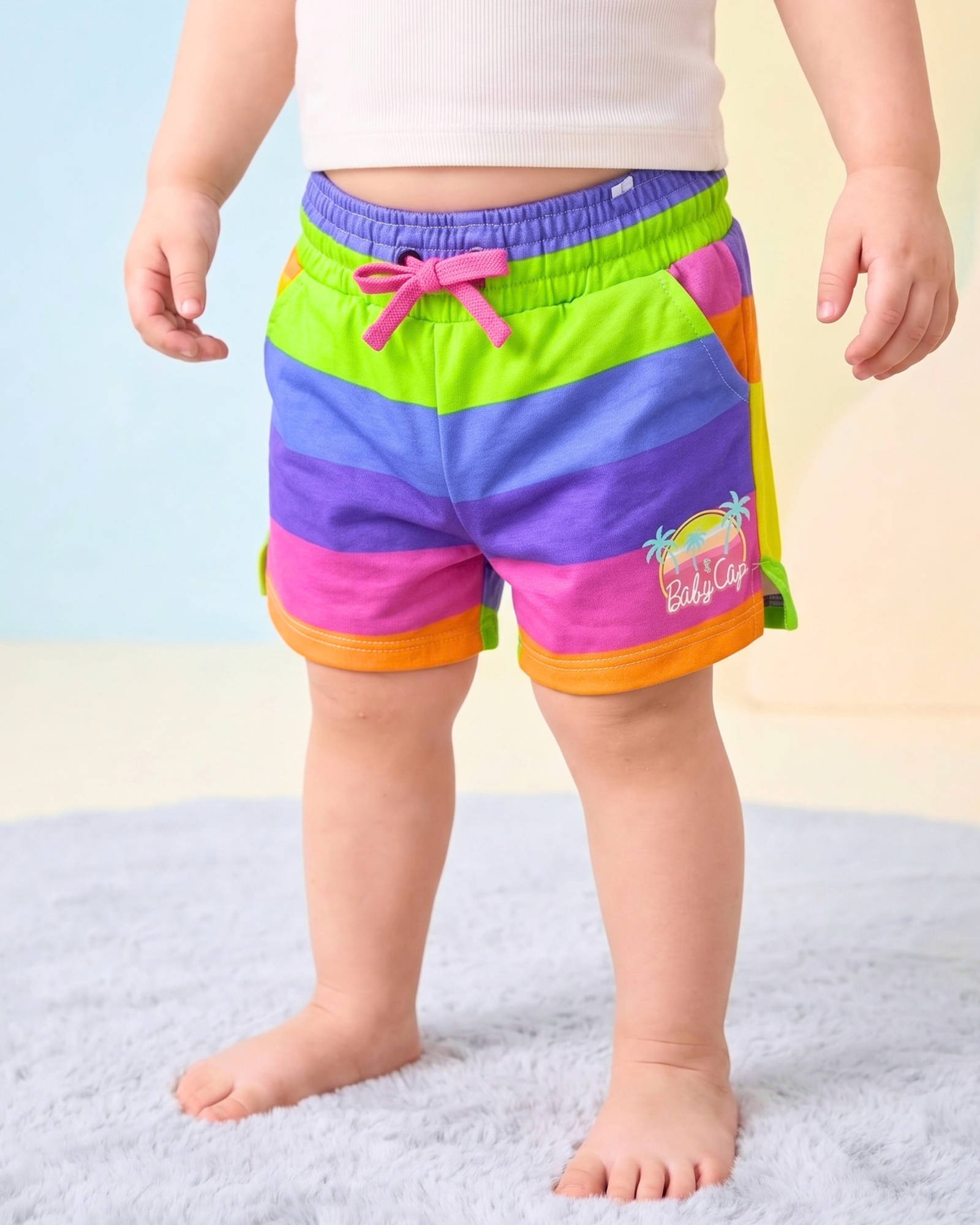Girls' Rainbow Striped Drawstring Cotton Shorts