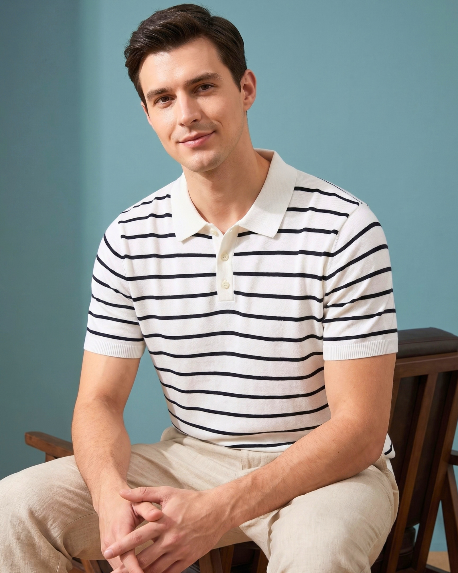 Men's Fine Knit Horizontal Striped Polo Shirt