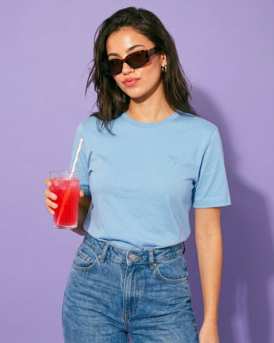 All New MELOOSA Women's Minimalist Embroidered Crew Neck Cotton T-Shirt | Blue