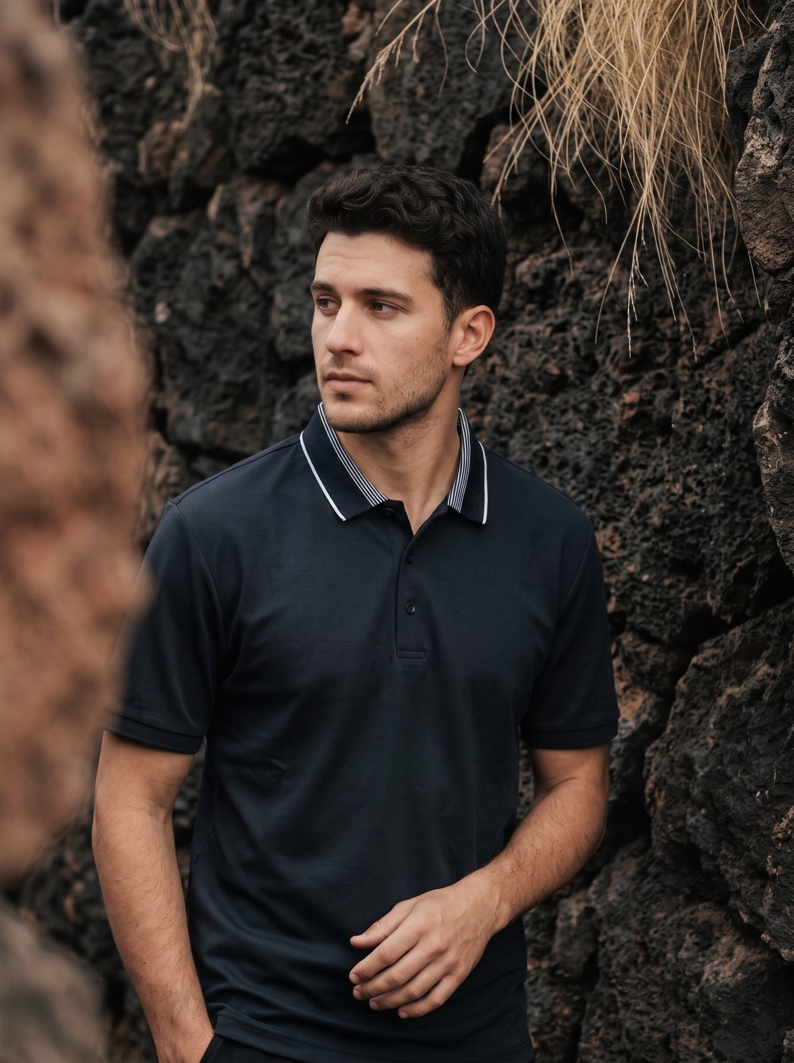 Men's Textured Contrast Collar Polo T-Shirt