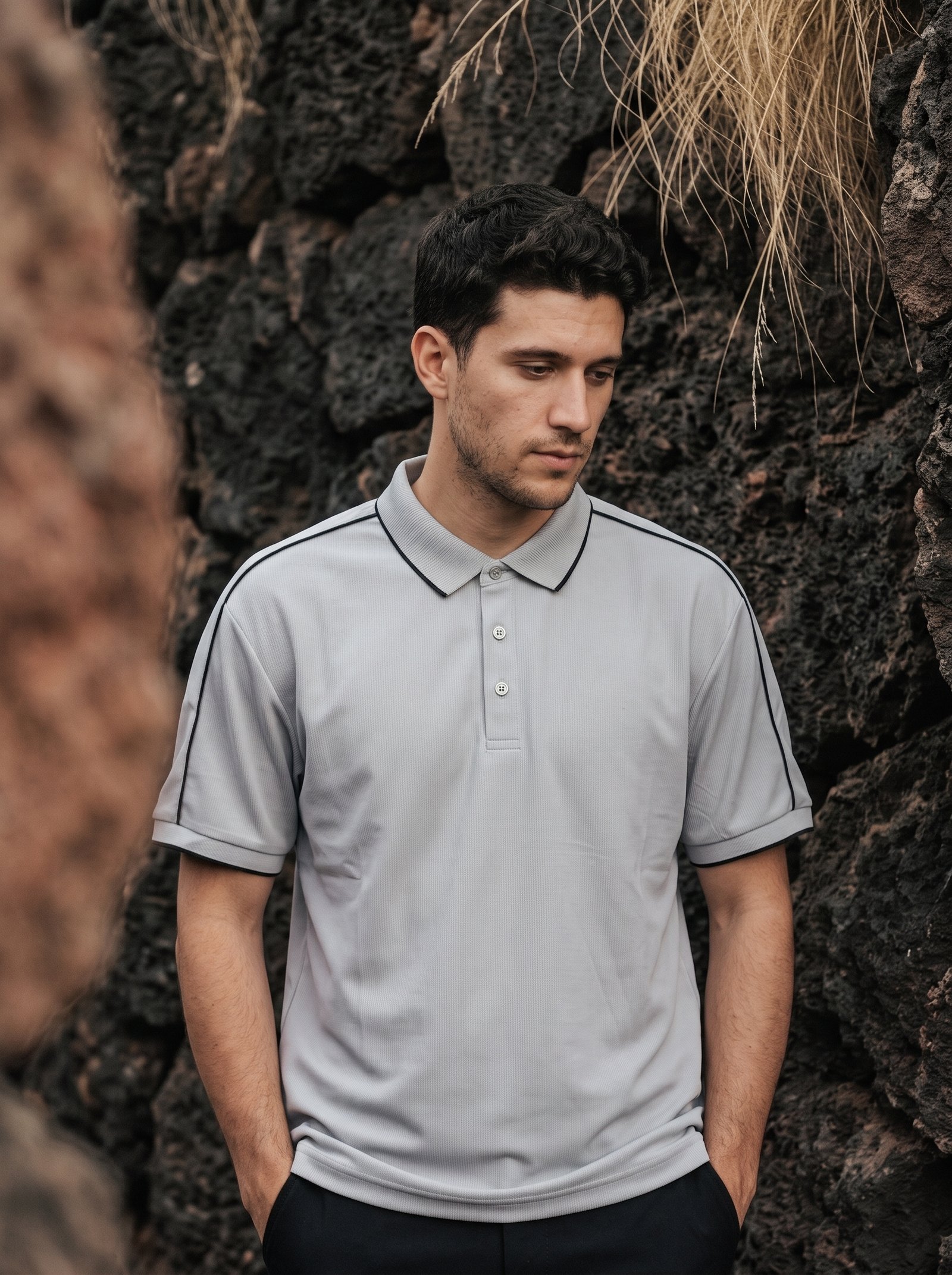 Men's Shoulder Striped Micro-Textured Polo T-Shirt