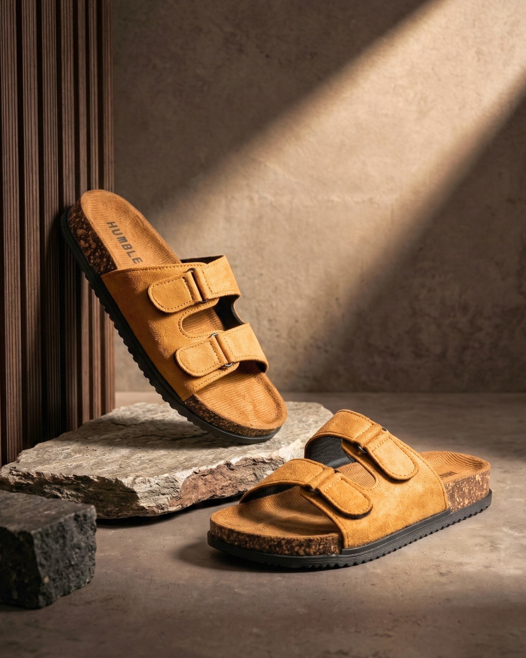 Gents Double Strap Cork Sole Comfort Sandals | Tan