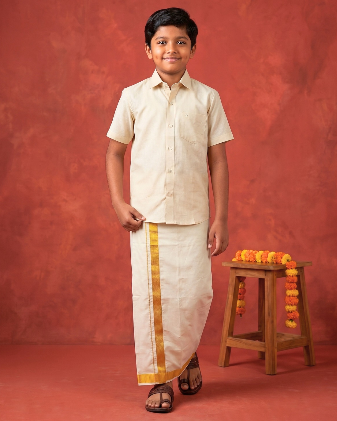 Kids Traditional Cotton Veshti and Shirt Set | Gold Border
