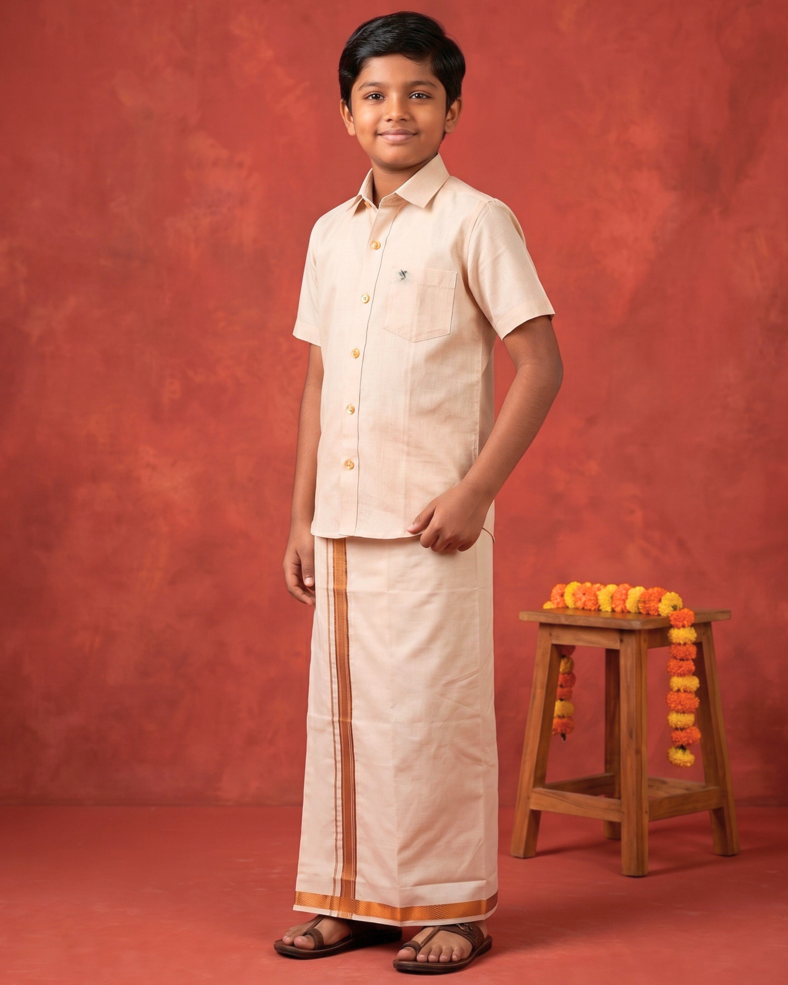 Kids Traditional Cotton Veshti and Shirt Set | Copper Border