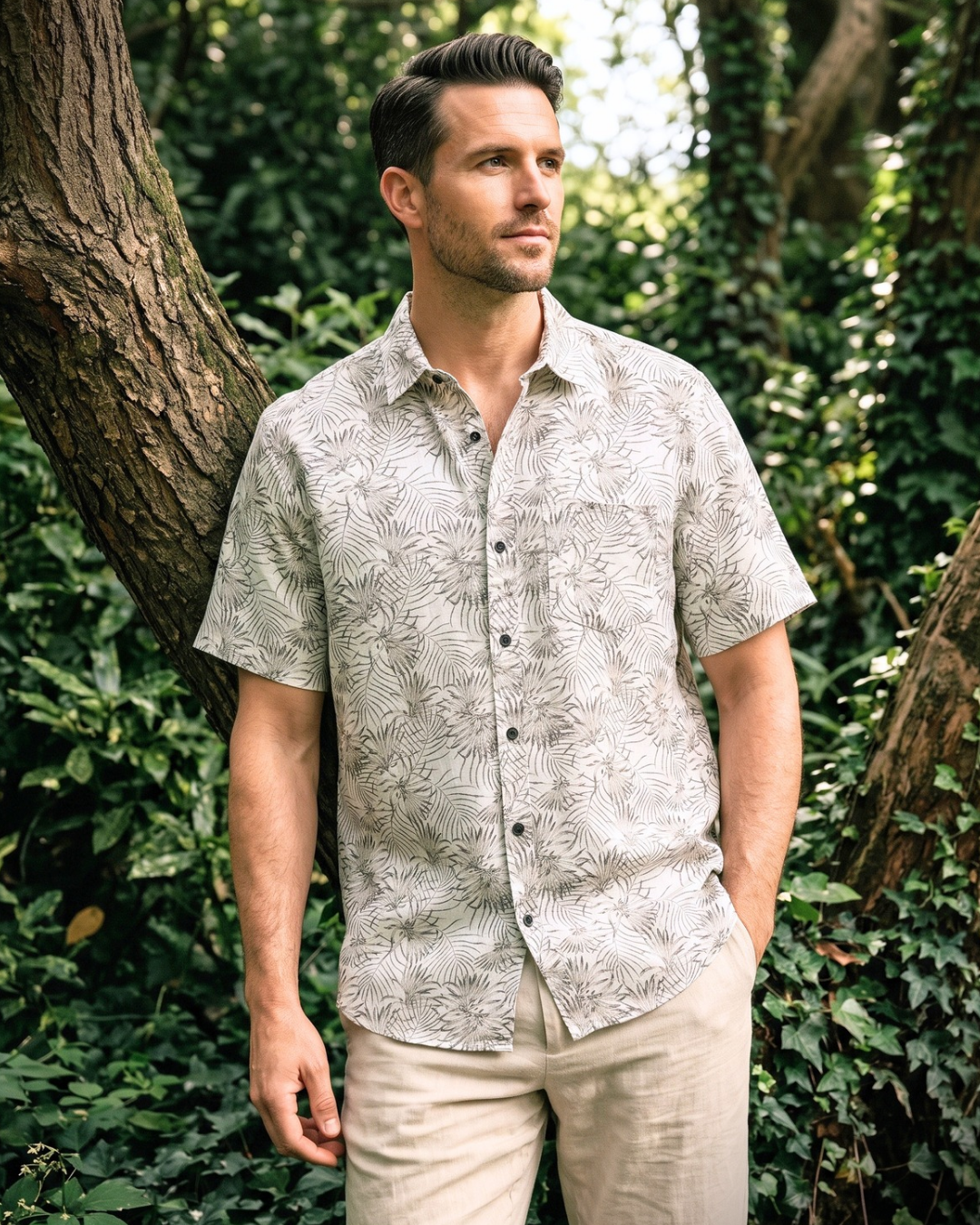 Men's Floral Printed Short-Sleeve Casual Shirt | Off-White with Charcoal Palm Leaf Print