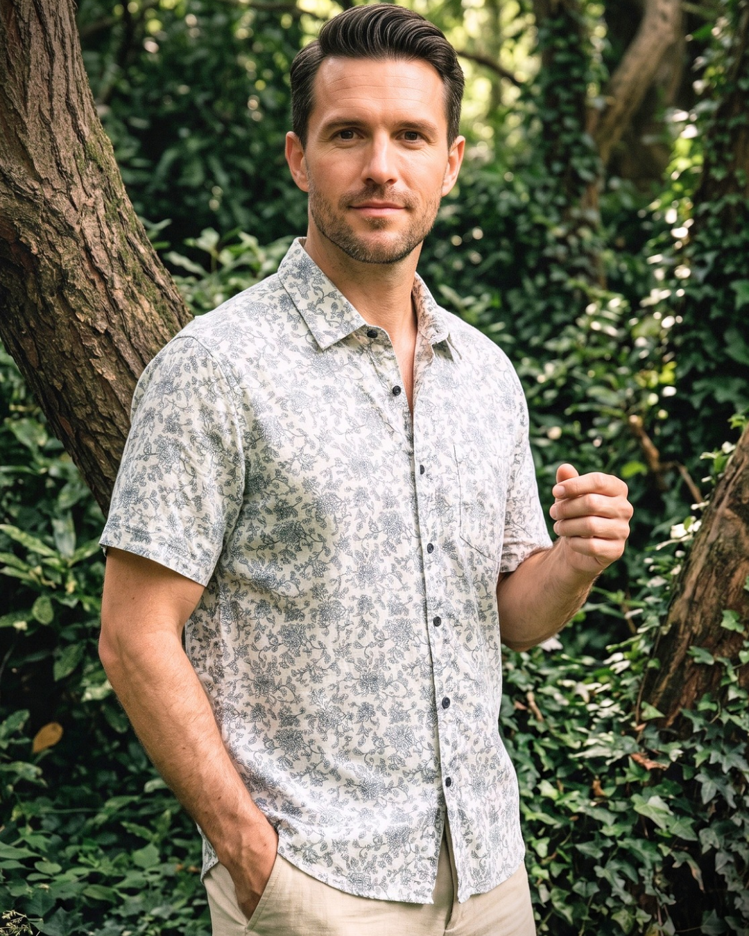 Men's Floral Printed Short-Sleeve Casual Shirt | Off-White with Sage / Olive Floral Print