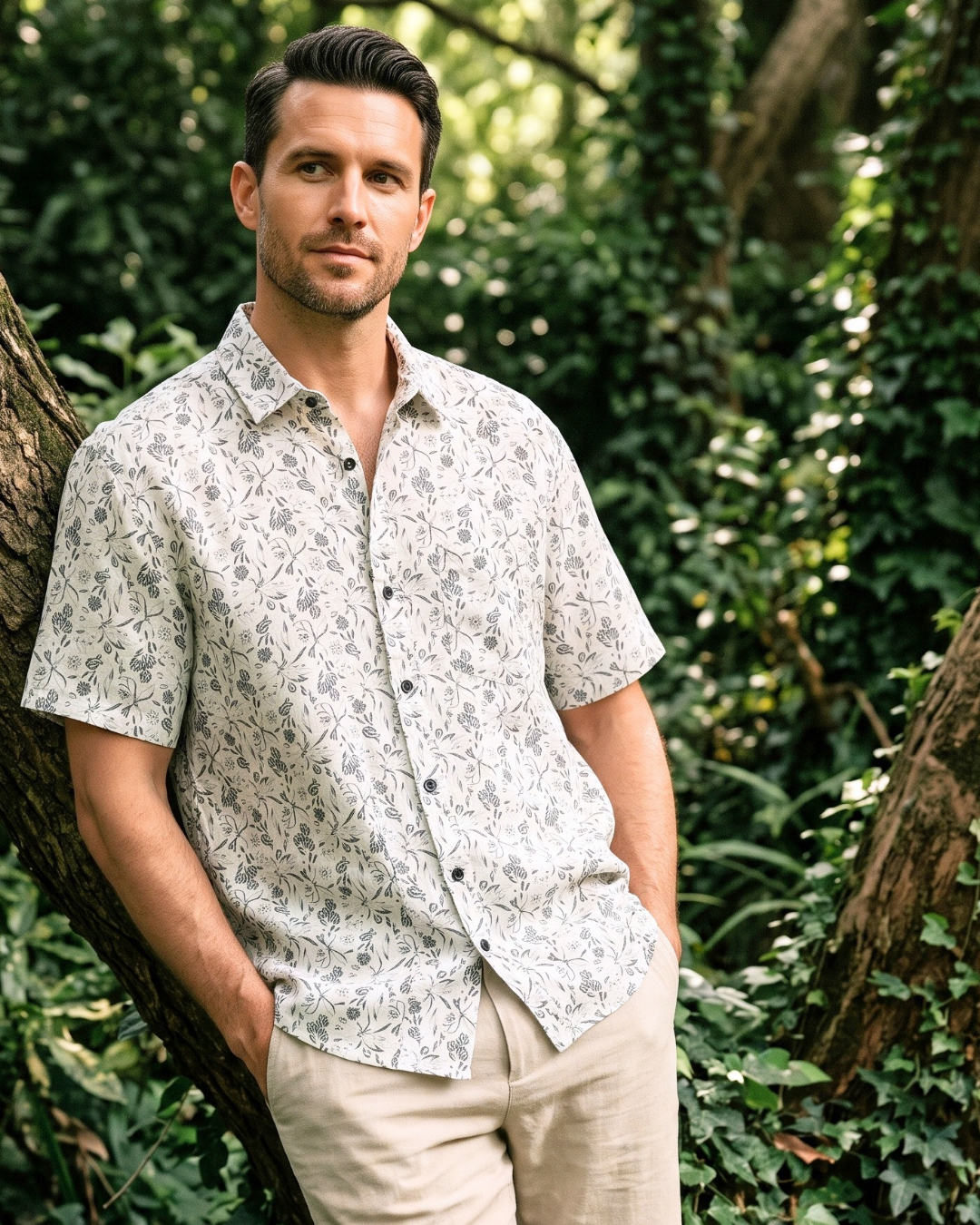 Men's Floral Printed Short-Sleeve Casual Shirt | Off-White with Navy Blue Floral Print